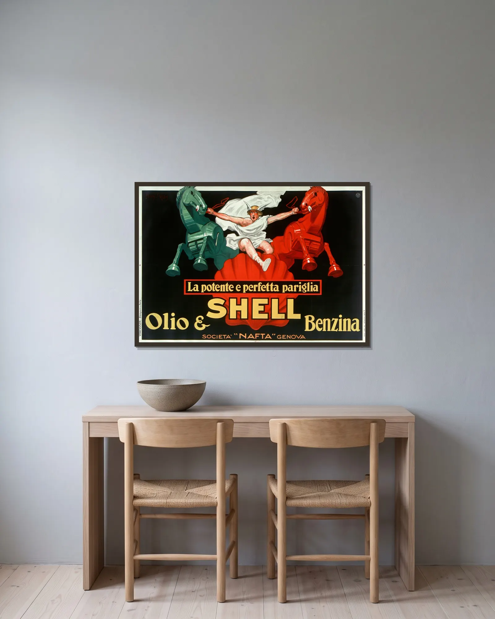 La Potente e perfetta pariglia Shell av Jean d'Ylen inramad på en vägg