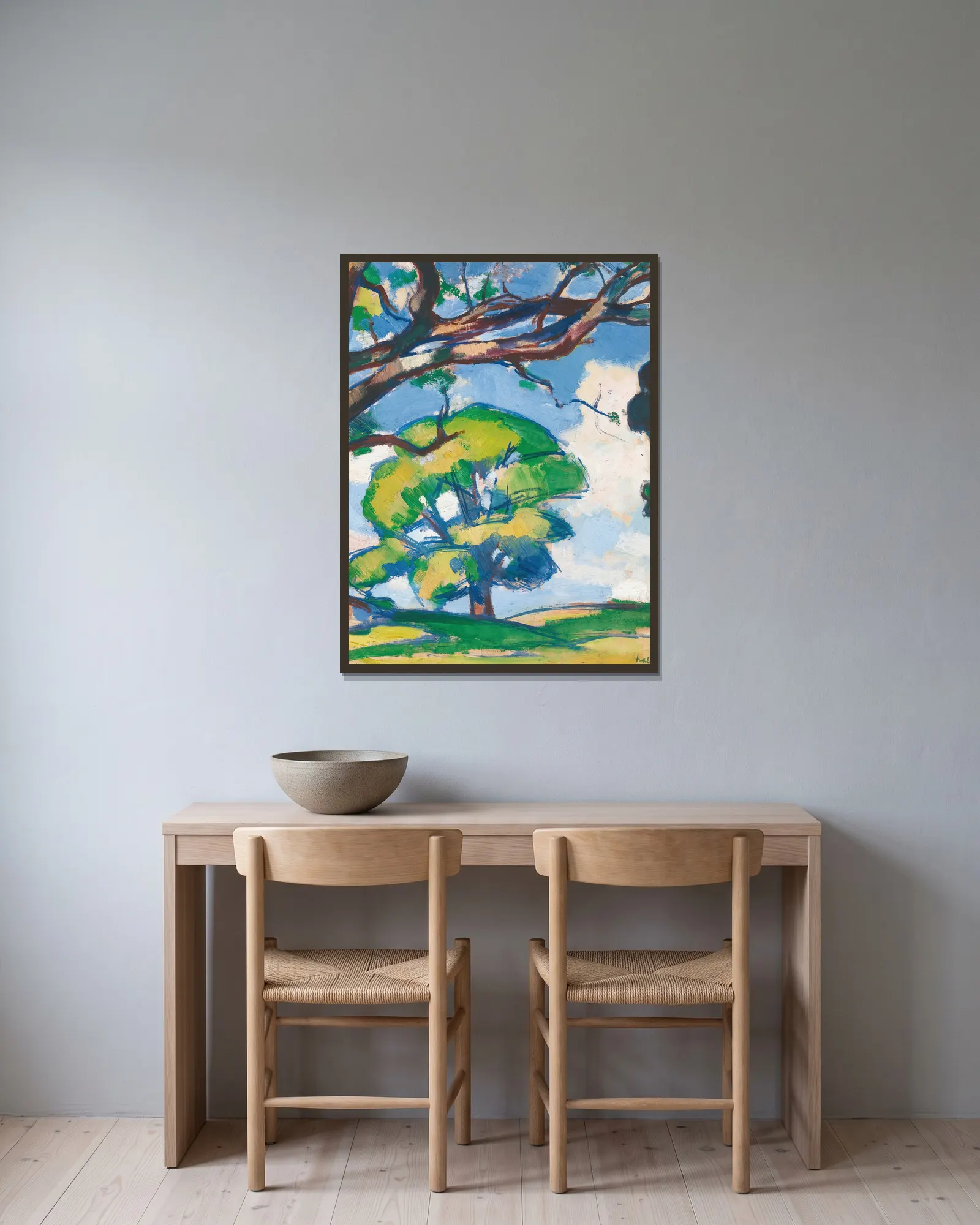 Trees, Douglas Hall av Samuel John Peploe inramad på en vägg