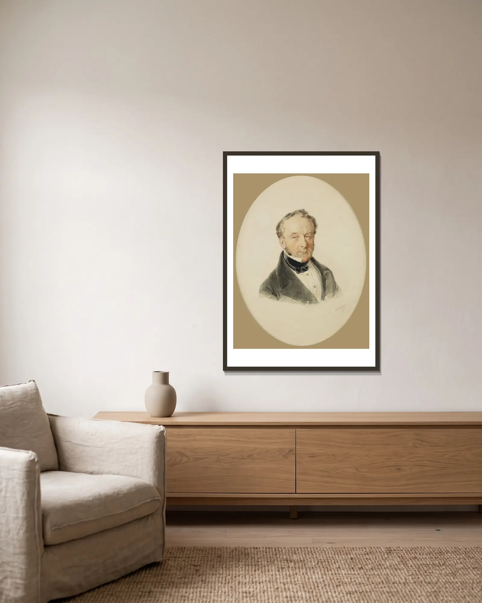 Herrenportrait av Josef Kriehuber inramad på en vägg
