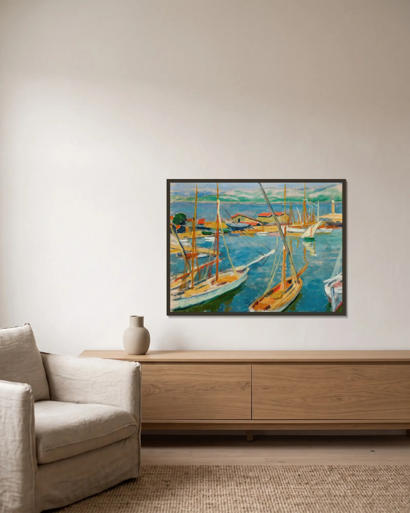 Harbour at Saint-Tropez av Józef Pankiewicz inramad på en vägg