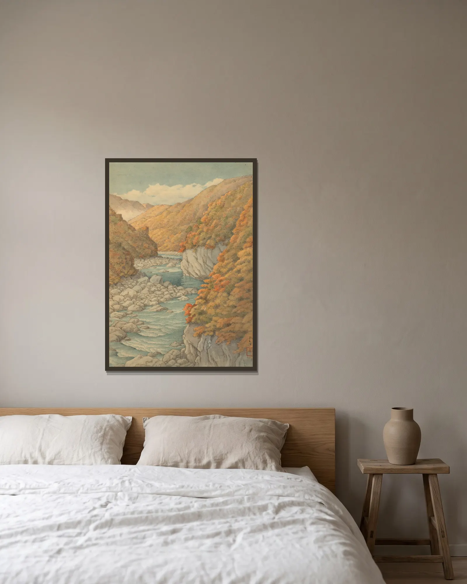 Autumn landscape av Kawase Hasui inramad på en vägg