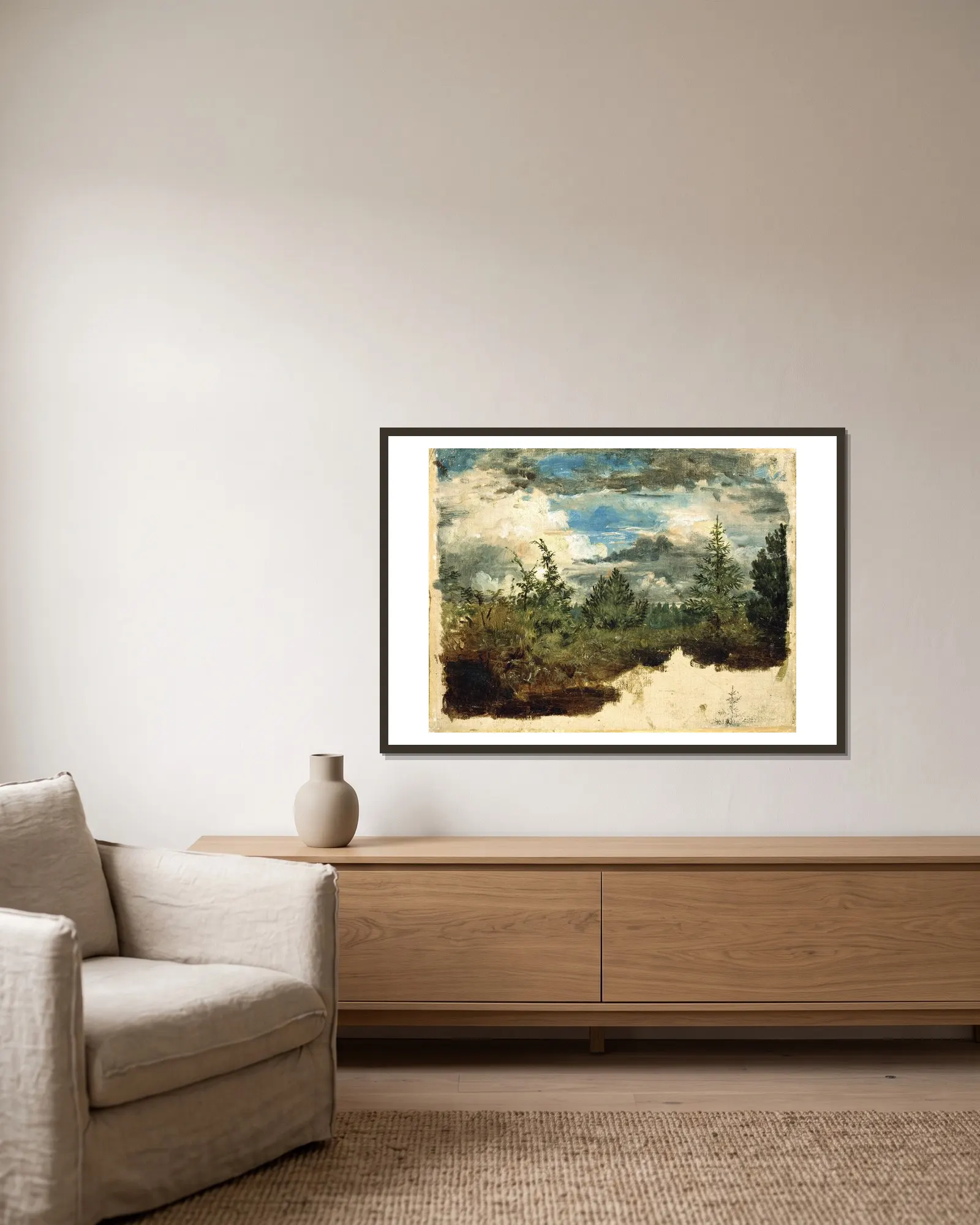 A Wooded Hillside. Study av Kilian Zoll inramad på en vägg