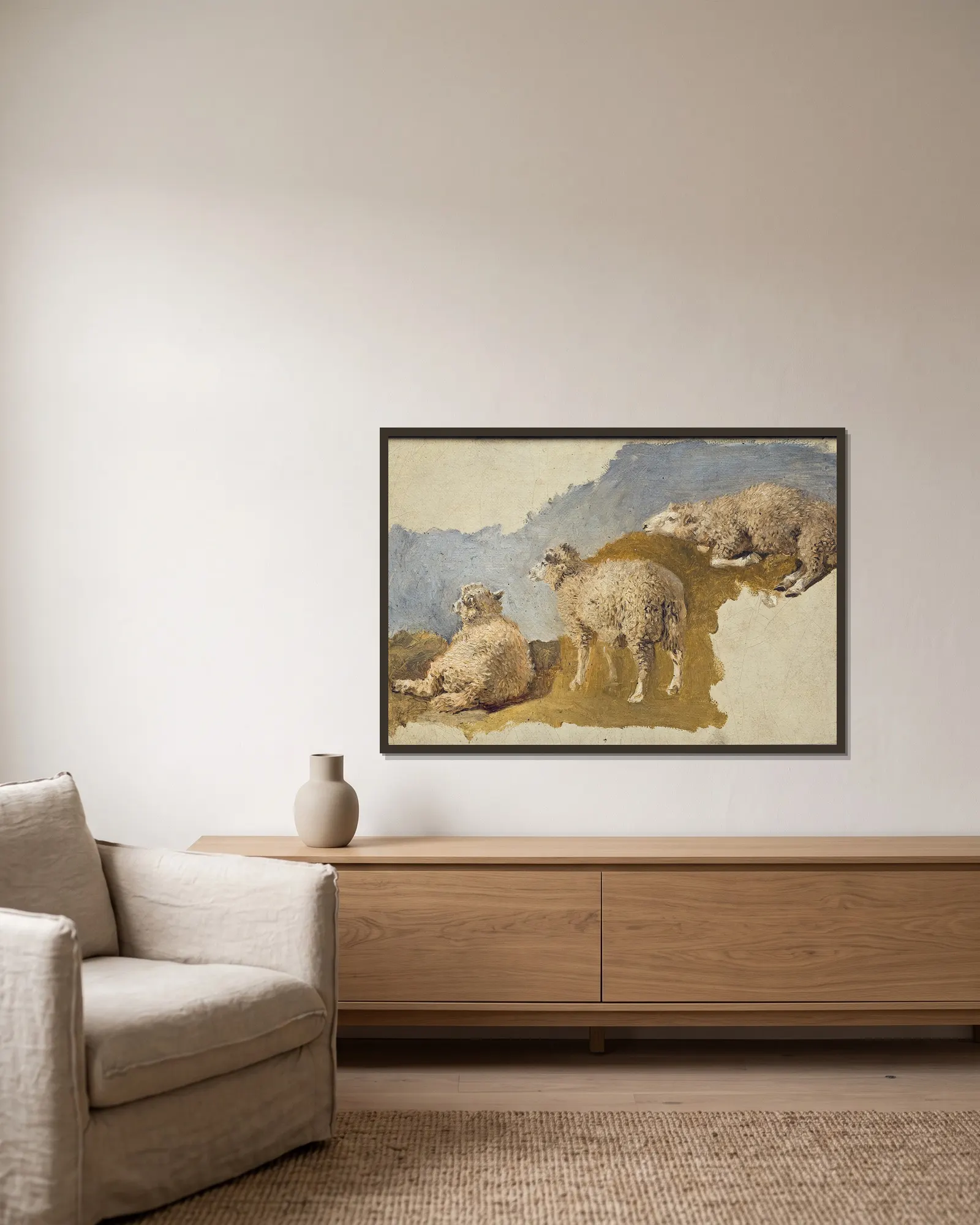 Three Sheep. Study av Kilian Zoll inramad på en vägg