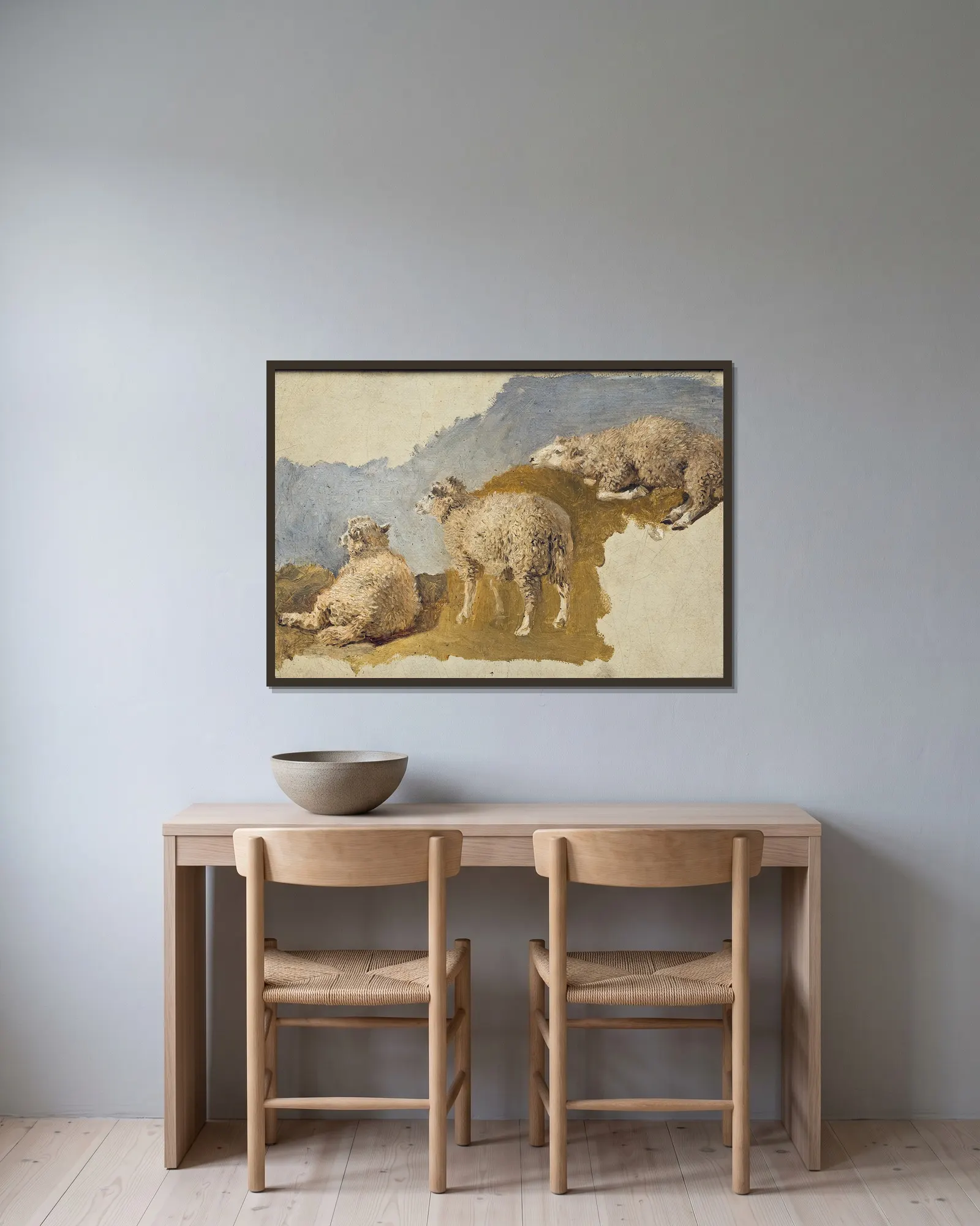 Three Sheep. Study av Kilian Zoll inramad på en vägg