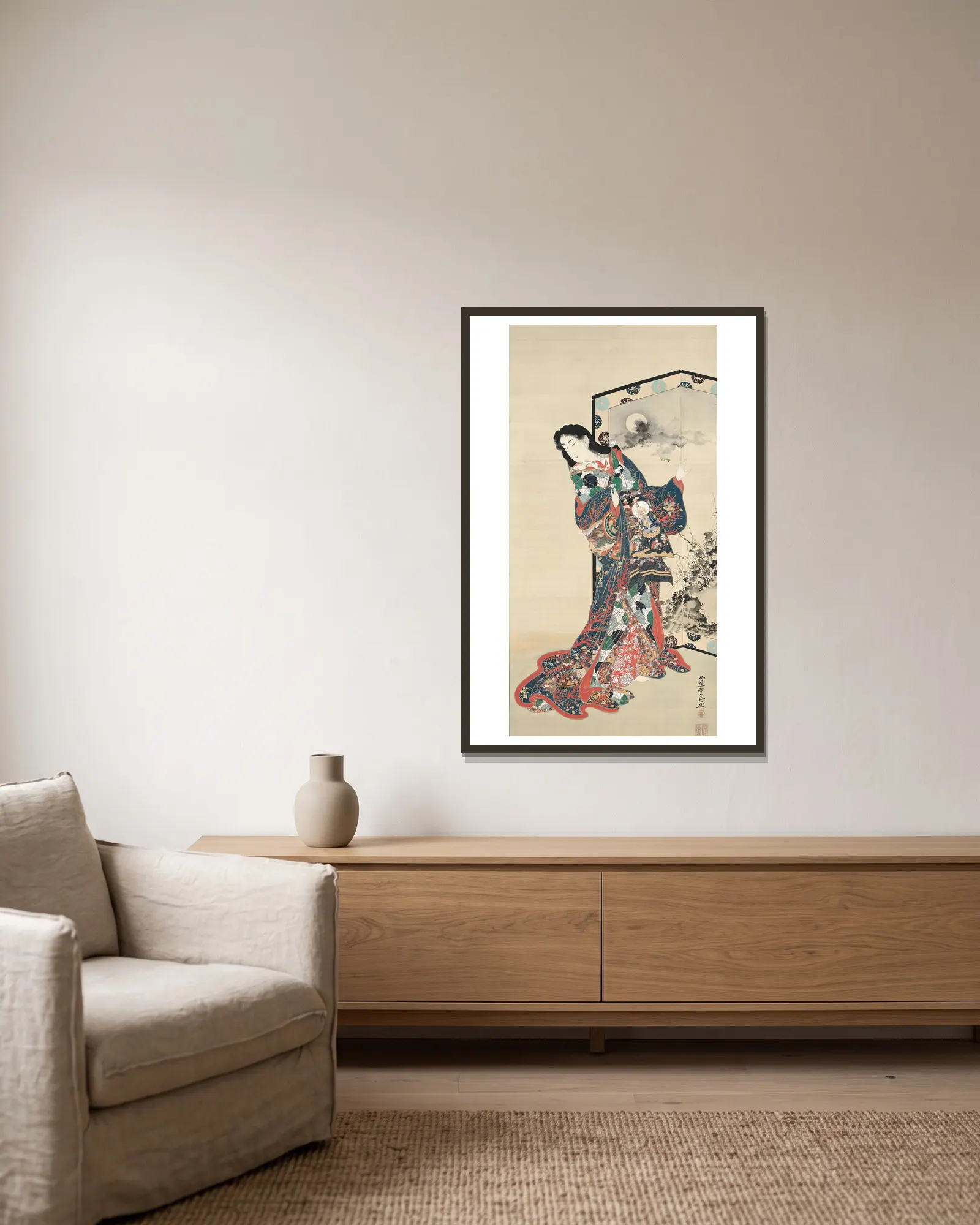 Hell Courtesan av Kawanabe Kyōsai inramad på en vägg