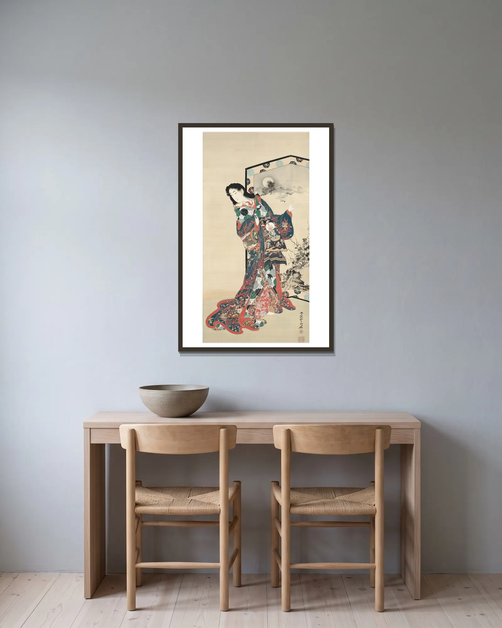 Hell Courtesan av Kawanabe Kyōsai inramad på en vägg