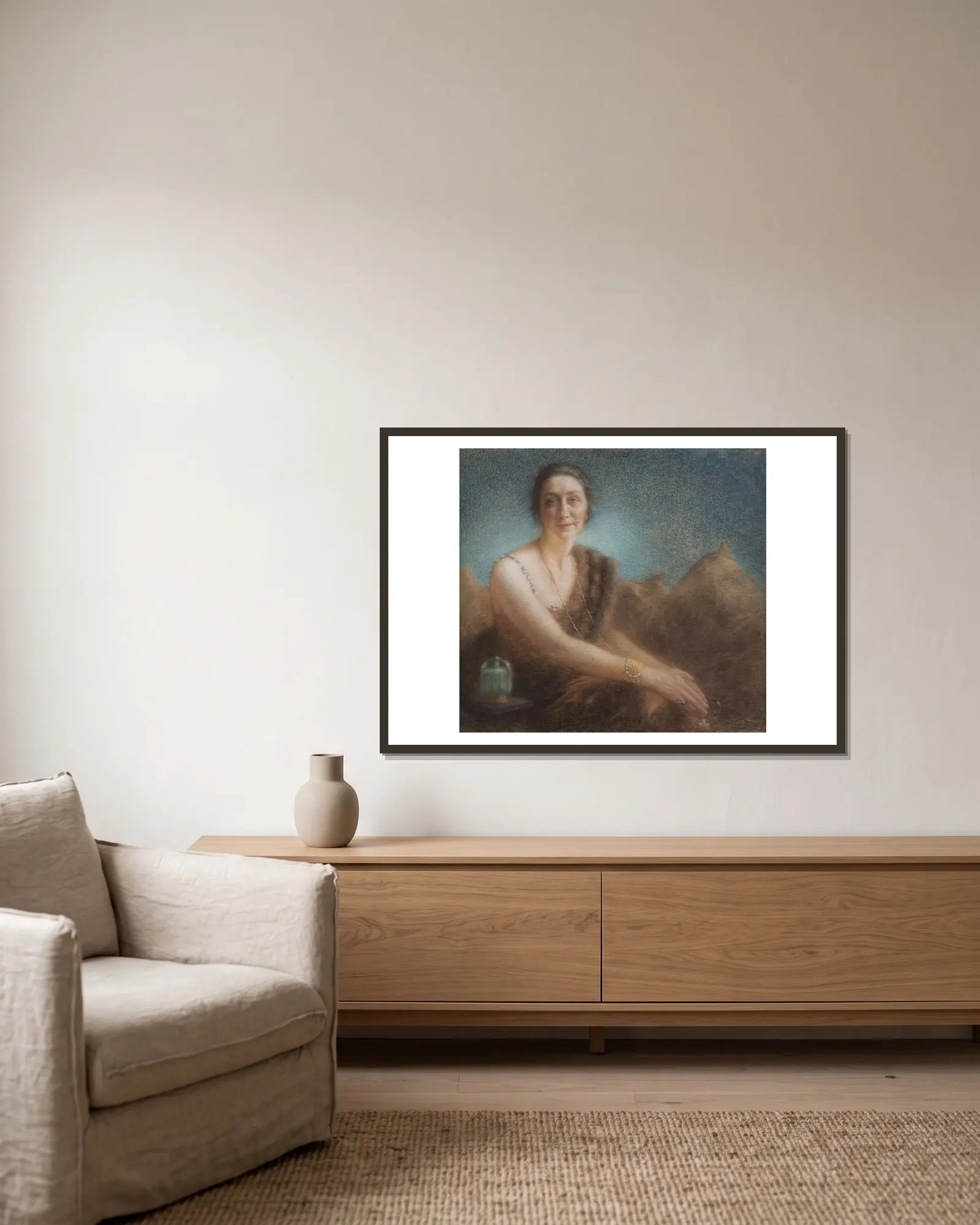 Elegant woman on a sofa av Lucien Lévy-Dhurmer inramad på en vägg