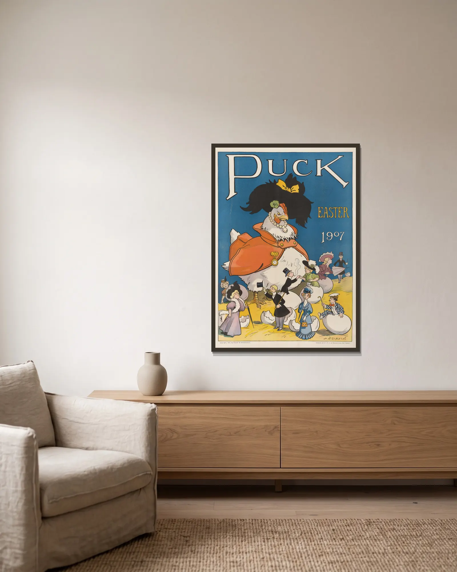 Puck Easter 1907 av Louis Glackens inramad på en vägg