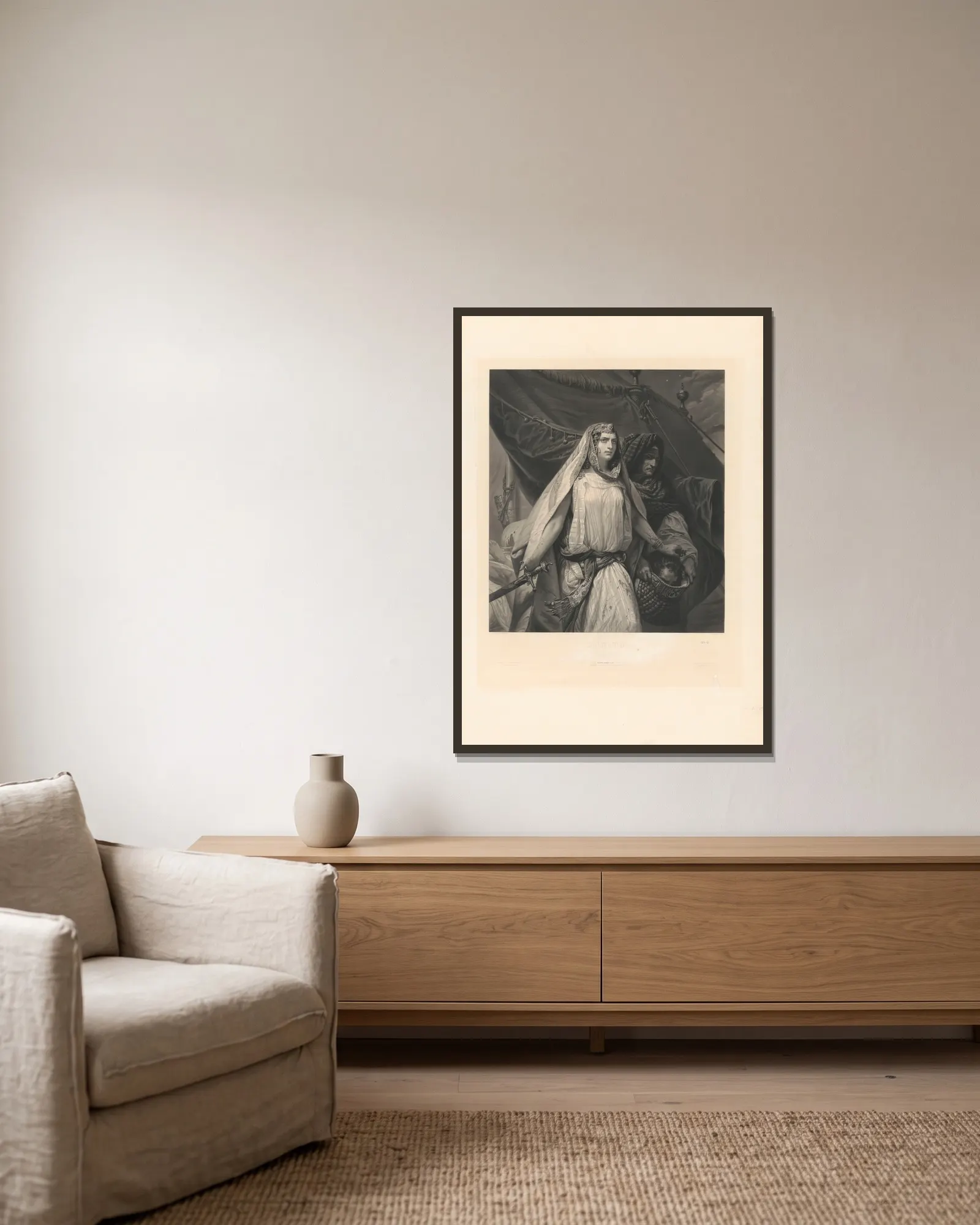 Judith (after Horace Vernet) av Jean-Pierre-Marie Jazet inramad på en vägg