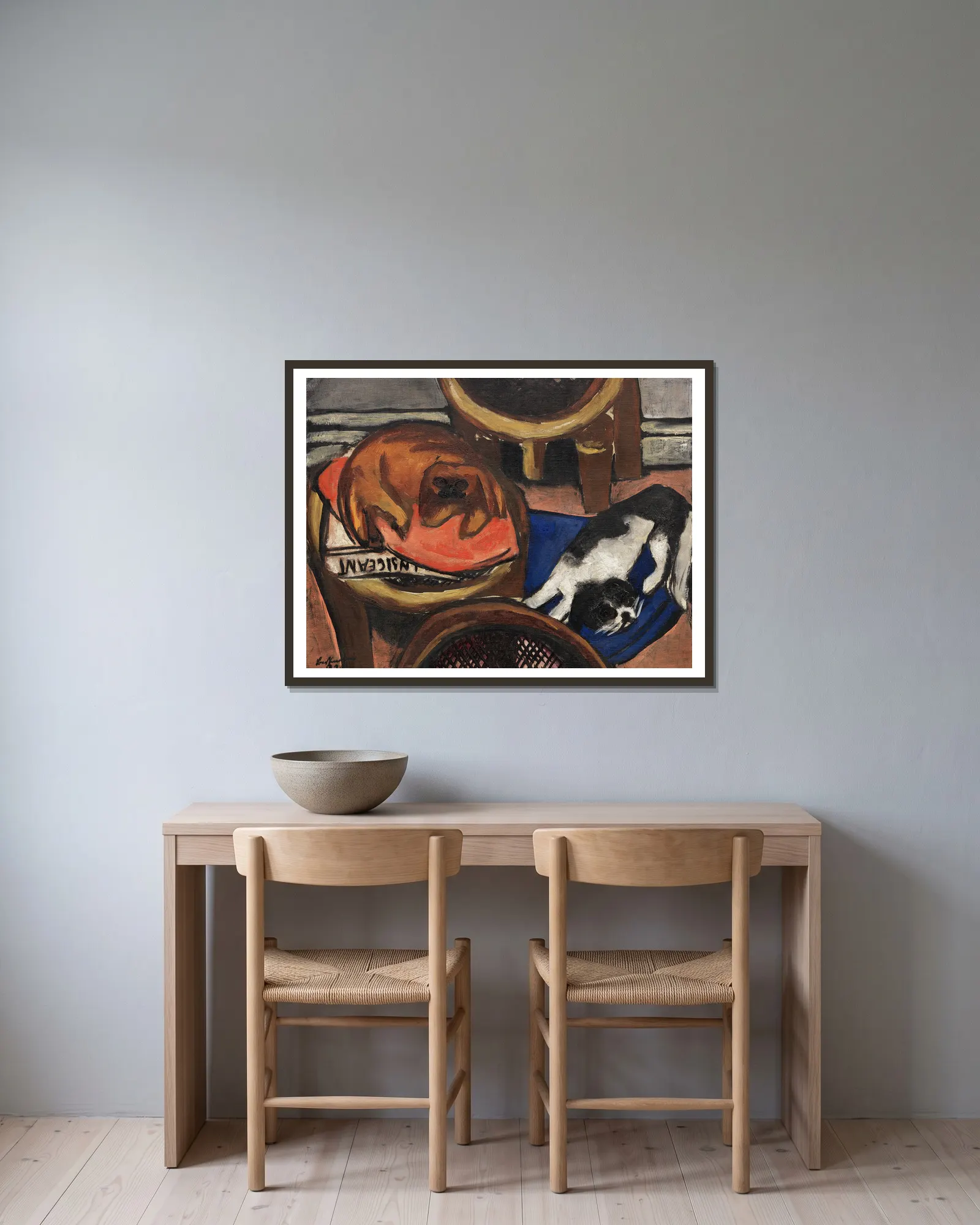Majong und Chilly (Hunde) av Max Beckmann inramad på en vägg