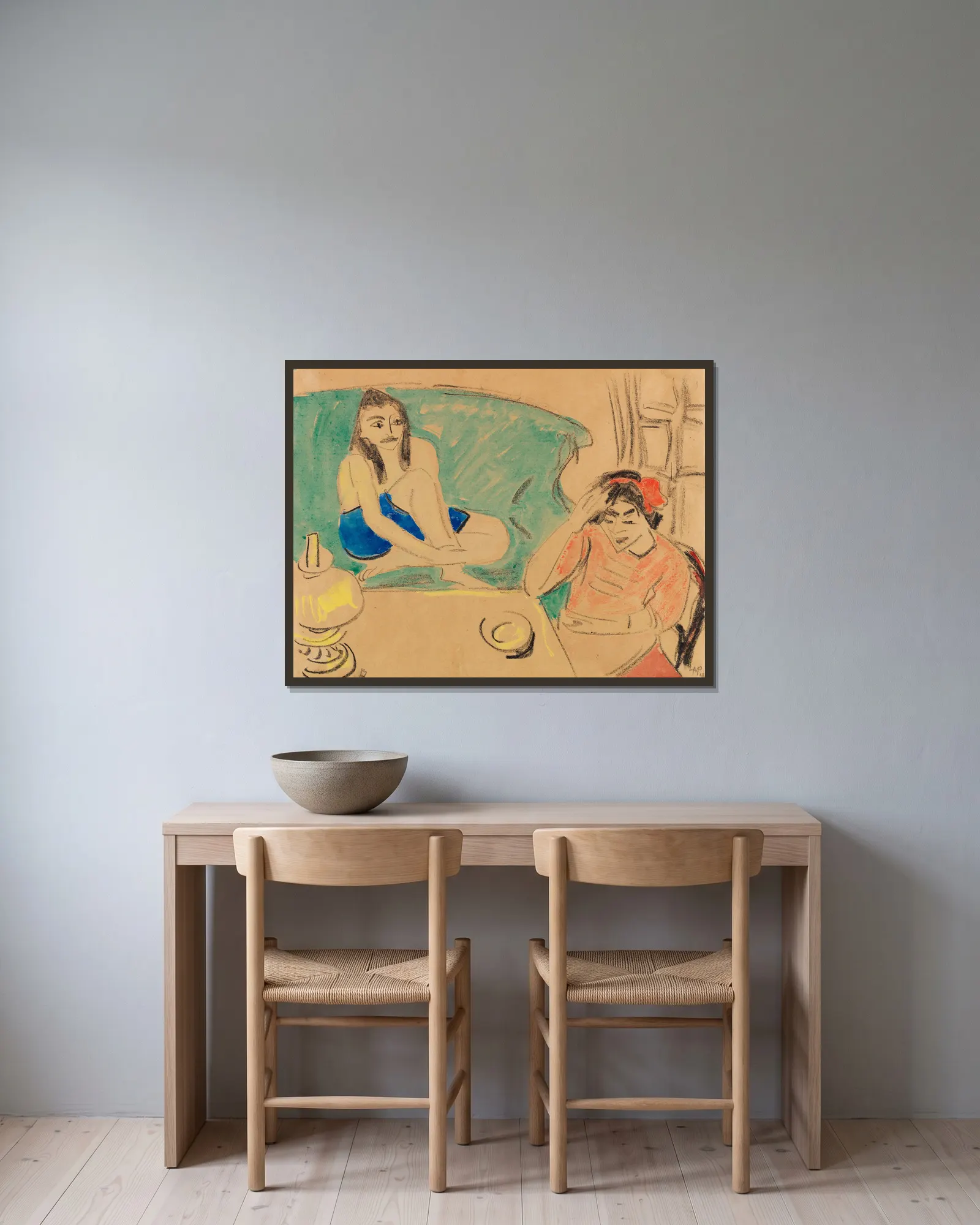Two girls at the table av Hermann Max Pechstein inramad på en vägg