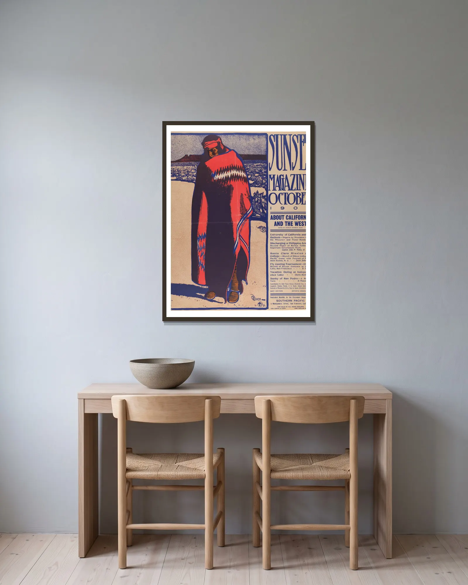 Sunset Magazine, October av Maynard Dixon inramad på en vägg