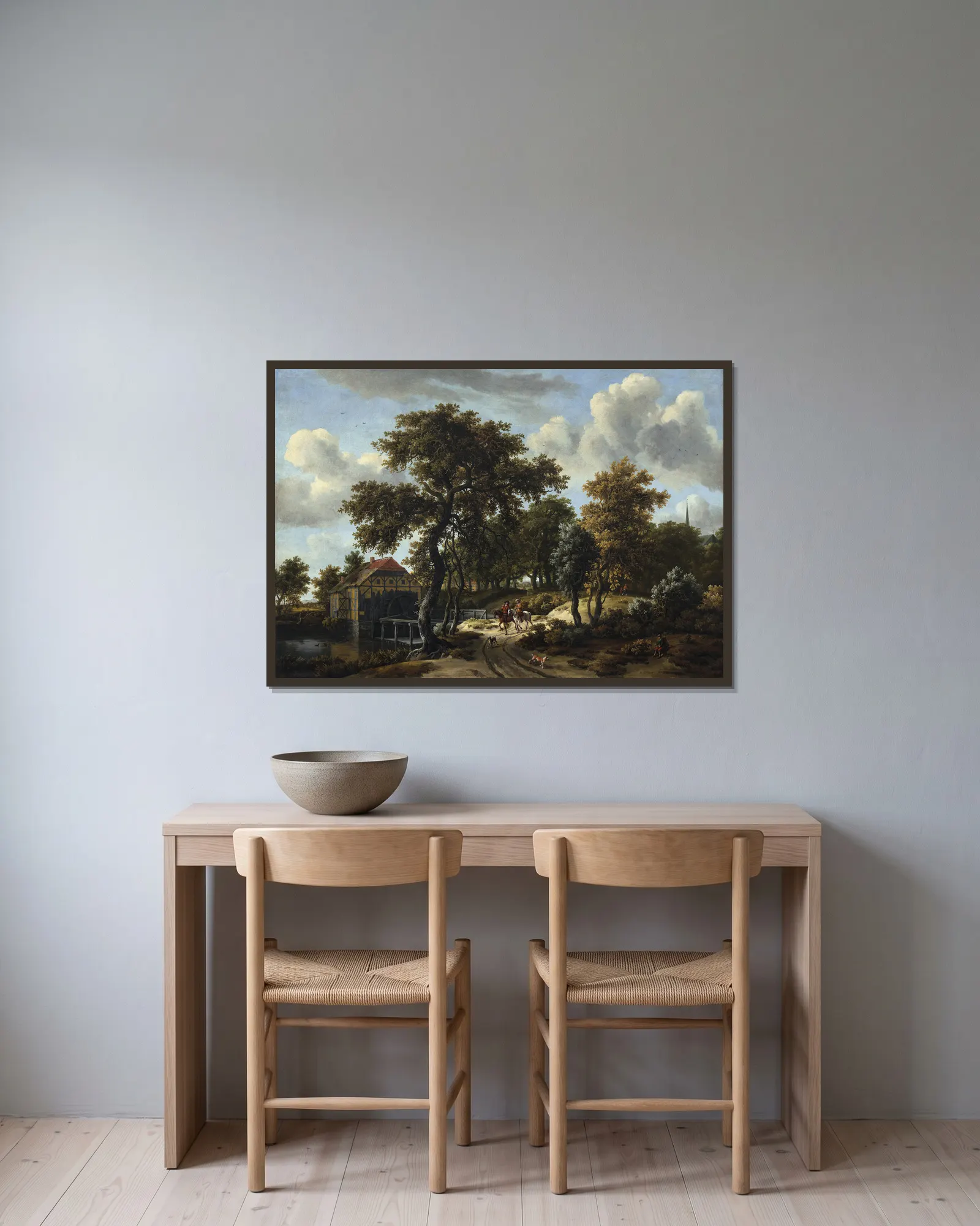 The Travelers av Meindert Hobbema inramad på en vägg