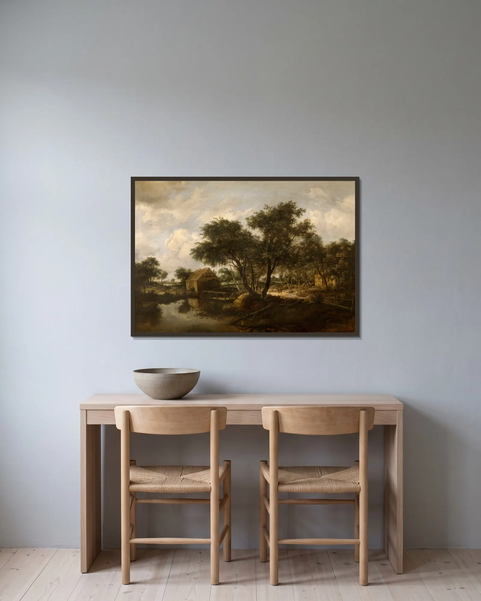 Water Mill av Meindert Hobbema inramad på en vägg