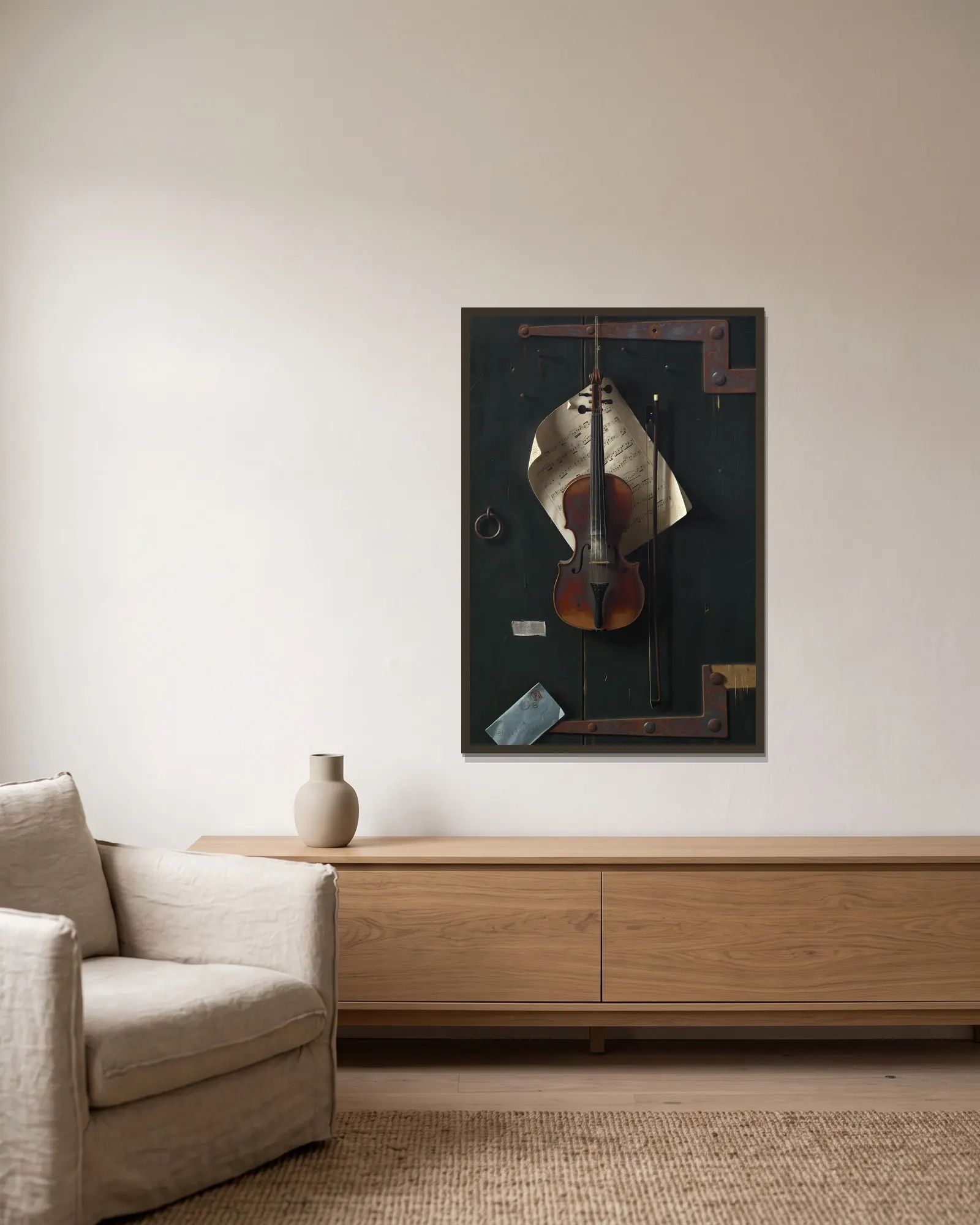 The Old Violin av William Michael Harnett inramad på en vägg