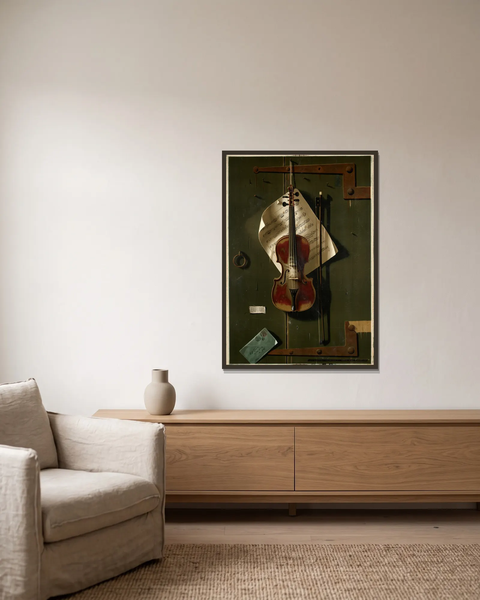 The old violin av William Michael Harnett inramad på en vägg