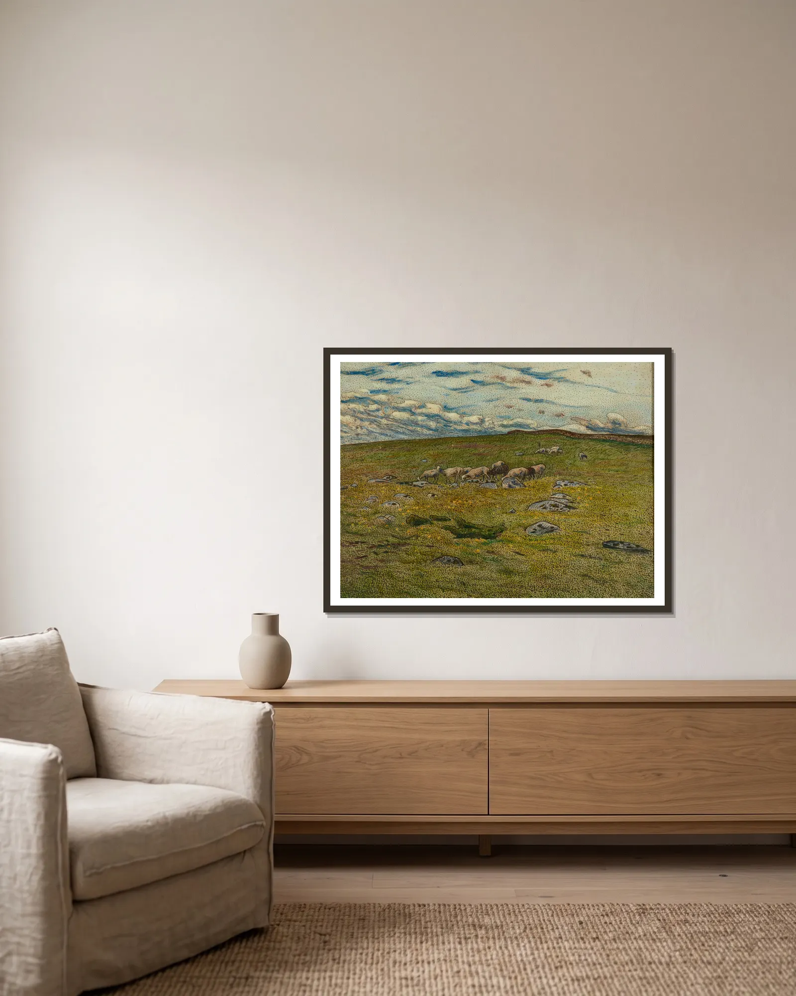 Grazing Sheep av Nils Kreuger inramad på en vägg