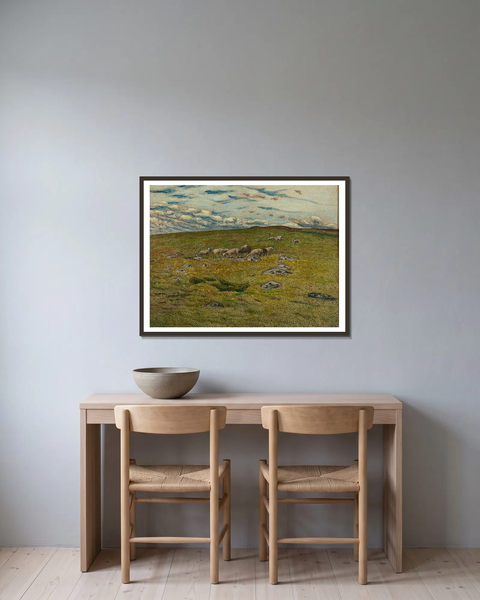 Grazing Sheep av Nils Kreuger inramad på en vägg