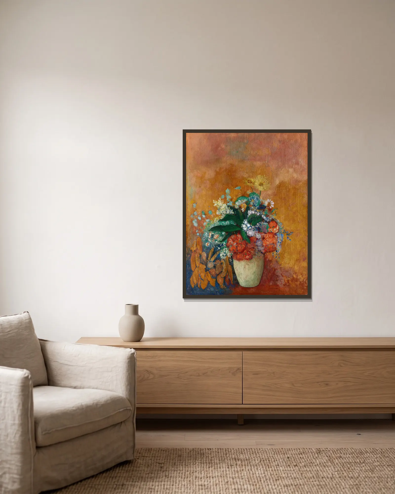 Vase of Flowers av Odilon Redon inramad på en vägg