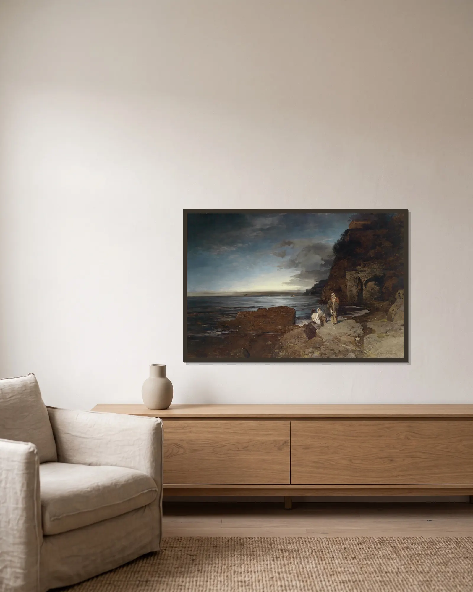 Abend an der Küste av Oswald Achenbach inramad på en vägg