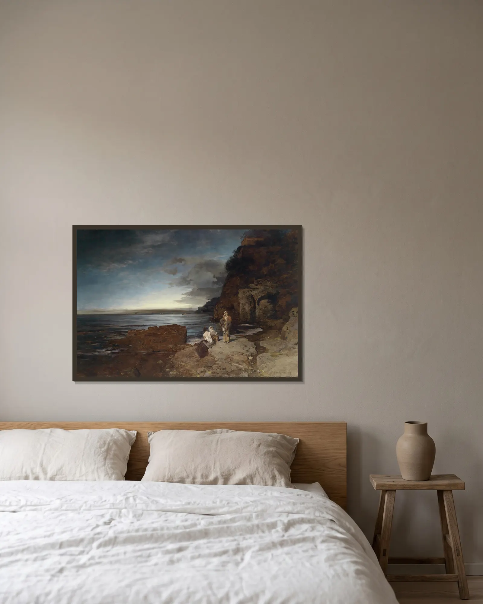 Abend an der Küste av Oswald Achenbach inramad på en vägg