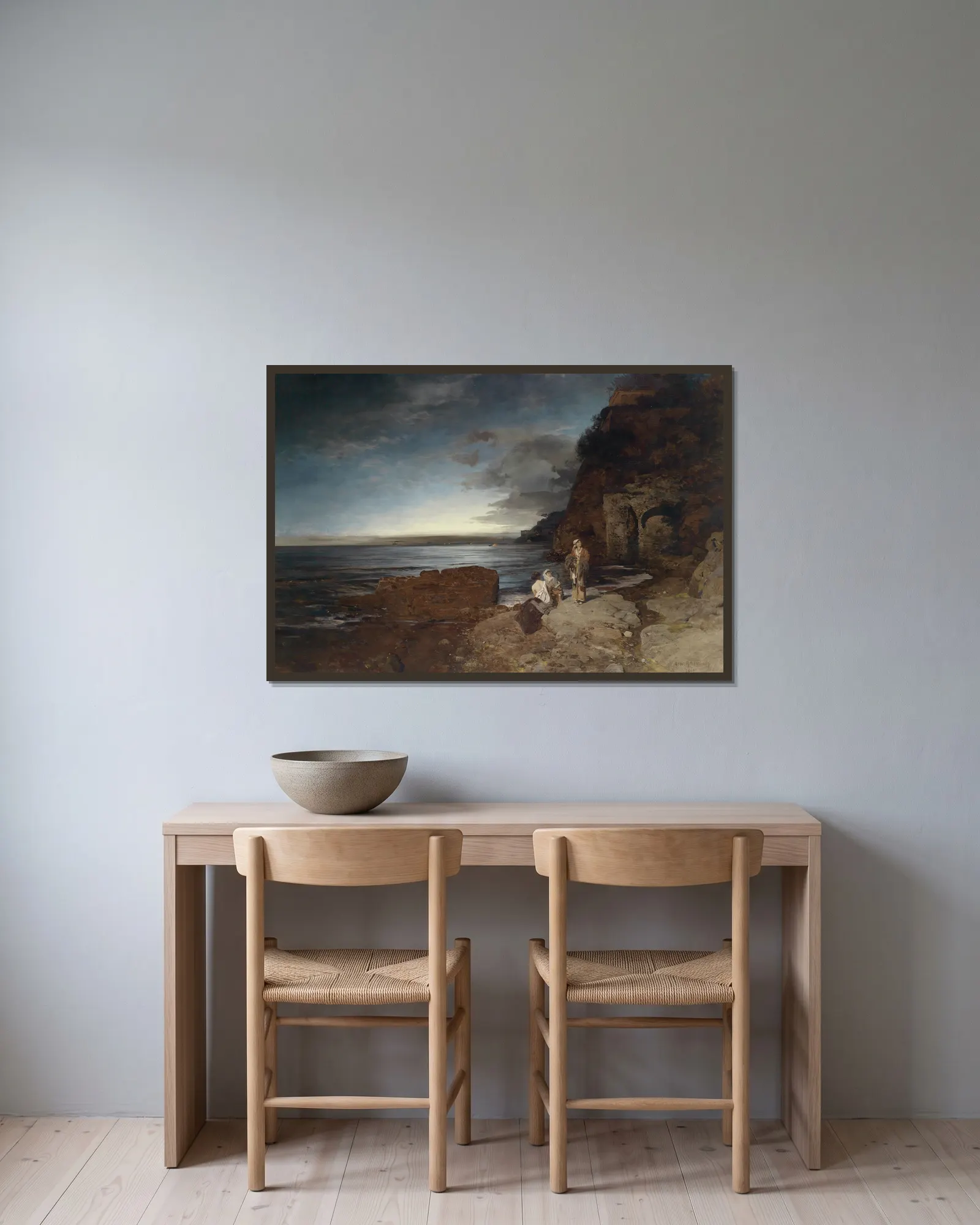 Abend an der Küste av Oswald Achenbach inramad på en vägg