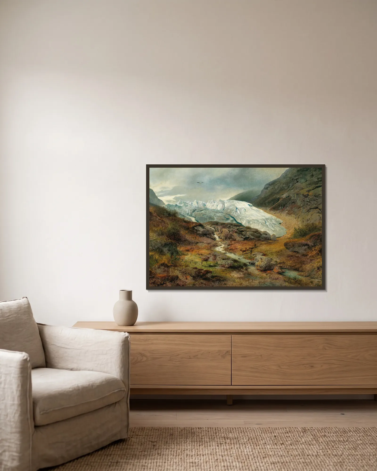 Gletscherlandschaft av Hermann Ottomar Herzog inramad på en vägg