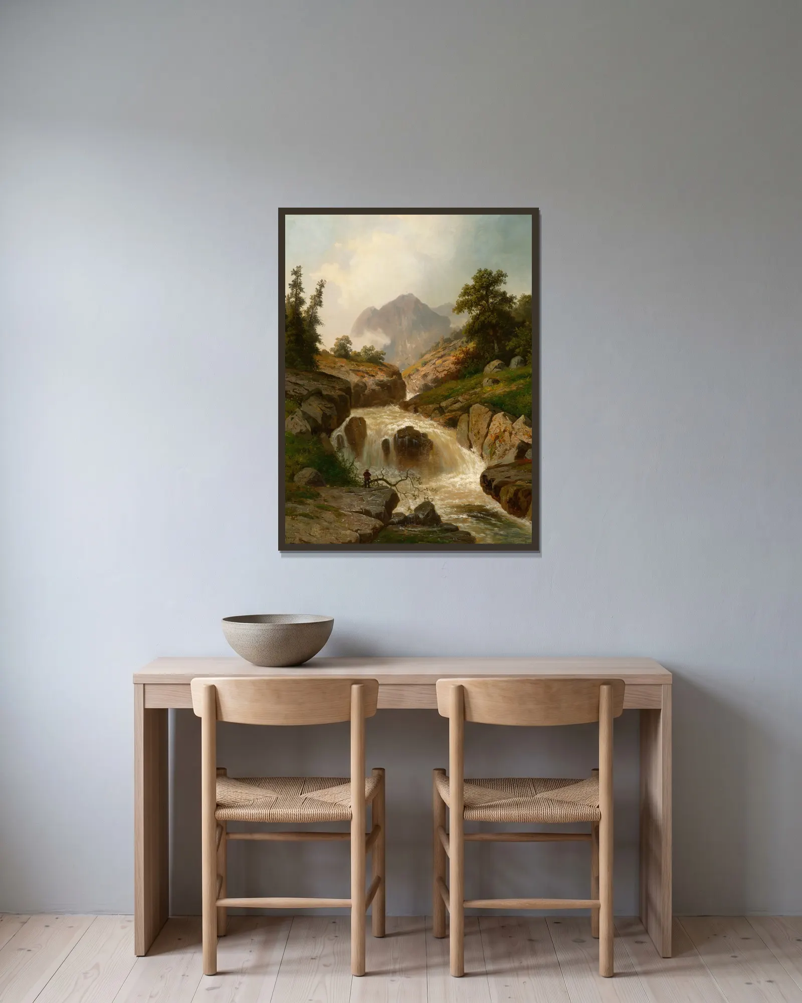 The Rippling River av Hermann Ottomar Herzog inramad på en vägg