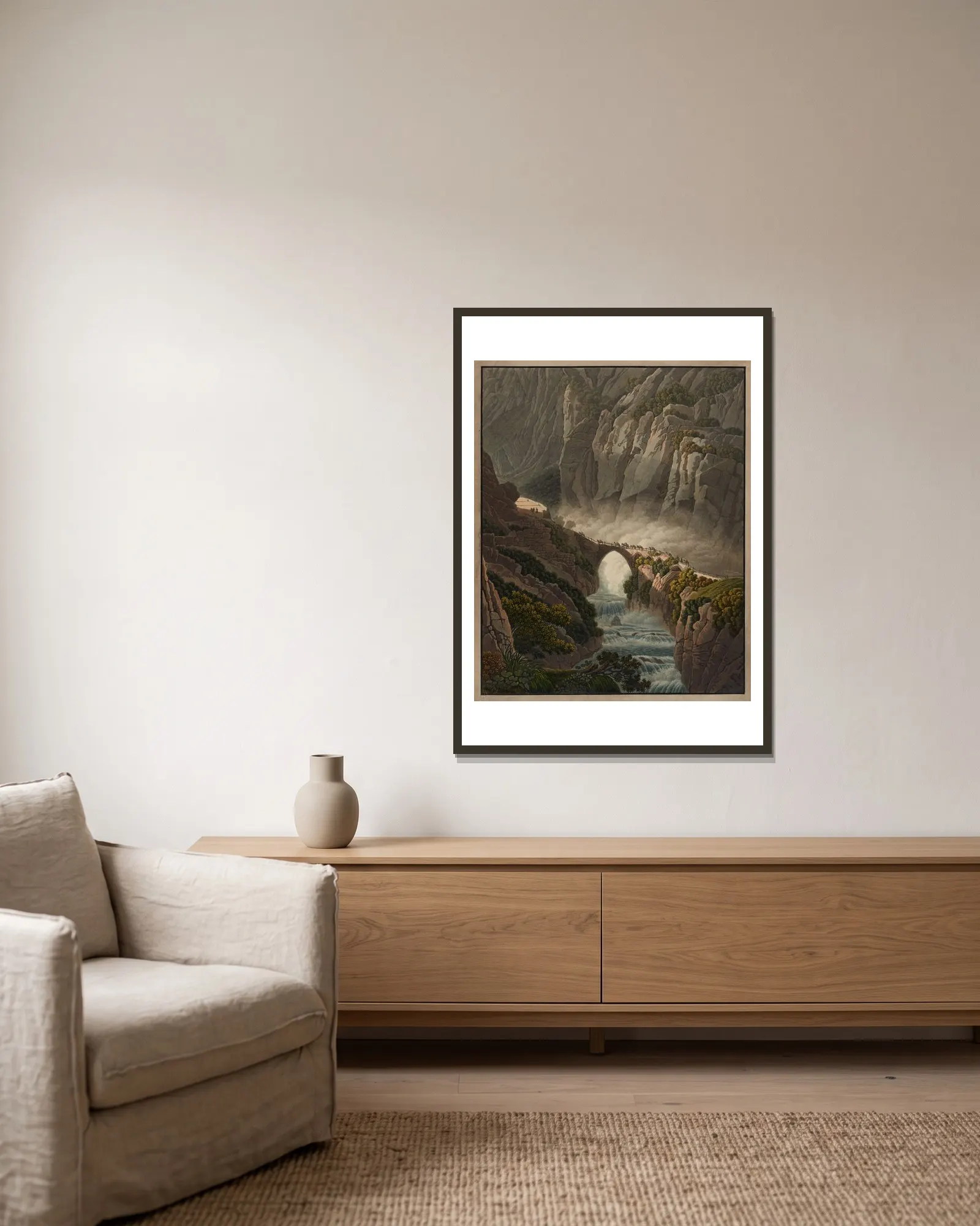 Le Pont du Diable au St. Gotthard av Peter Birmann inramad på en vägg