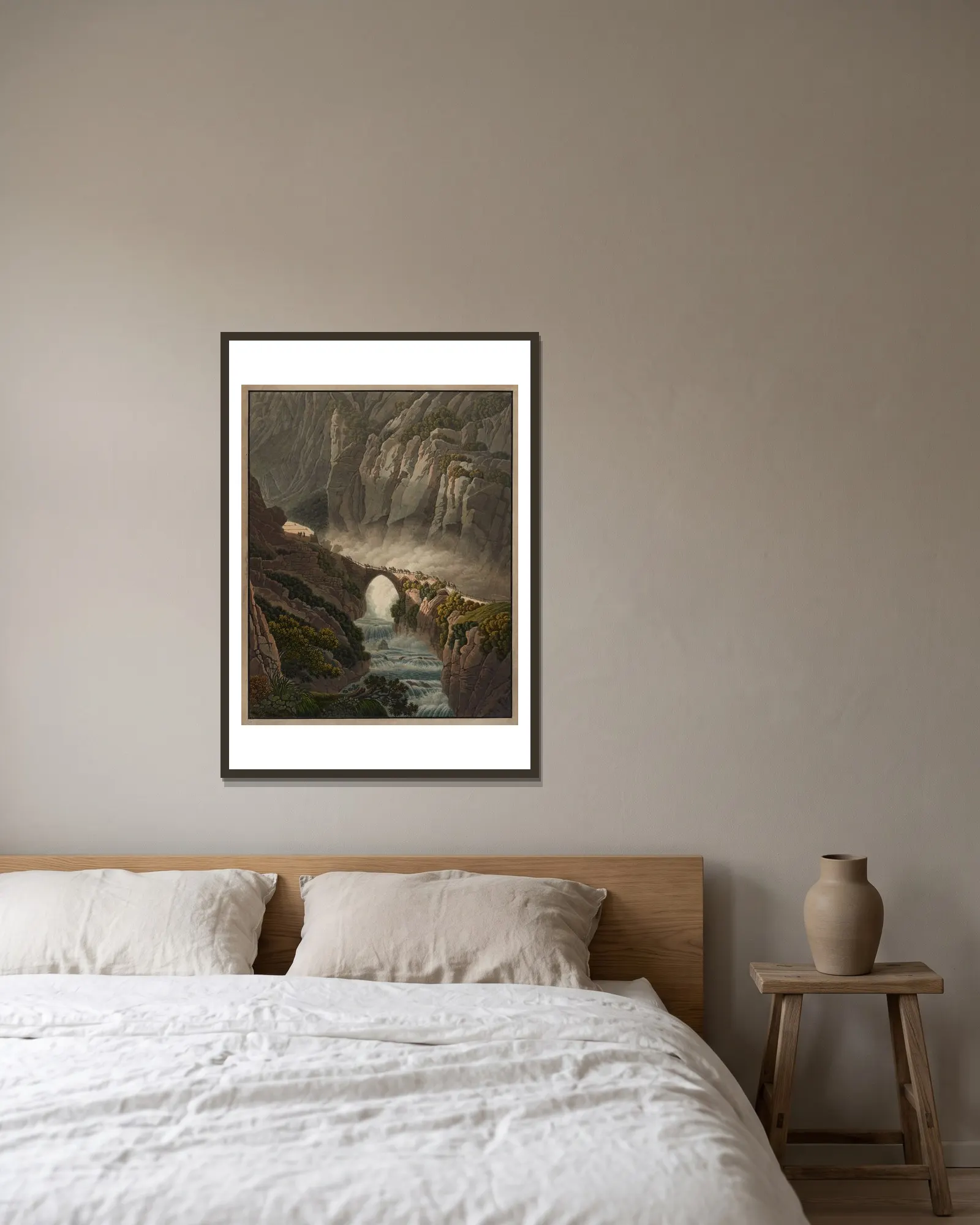 Le Pont du Diable au St. Gotthard av Peter Birmann inramad på en vägg