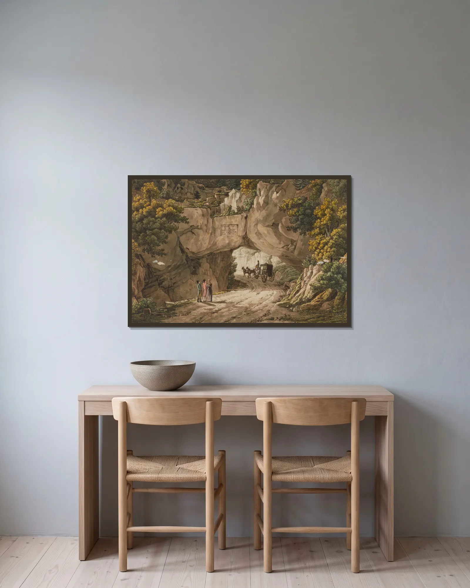 Vue de Pierre-Pertuis av Peter Birmann inramad på en vägg