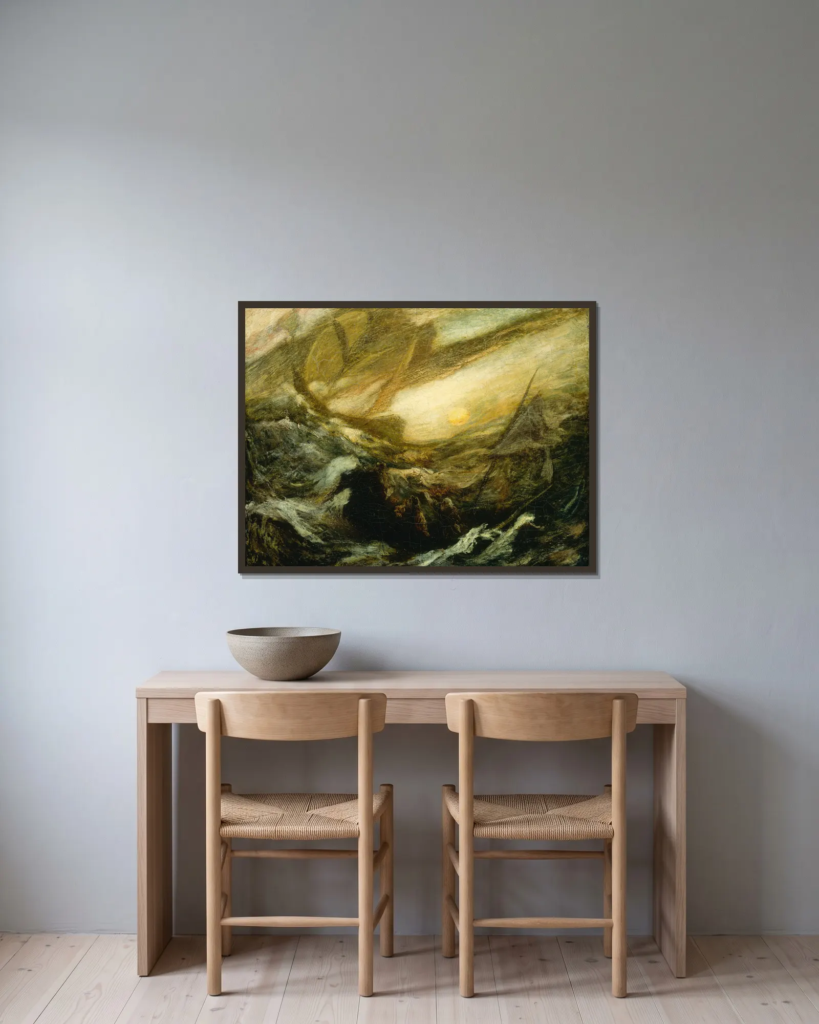 Flying Dutchman av Albert Pinkham Ryder inramad på en vägg