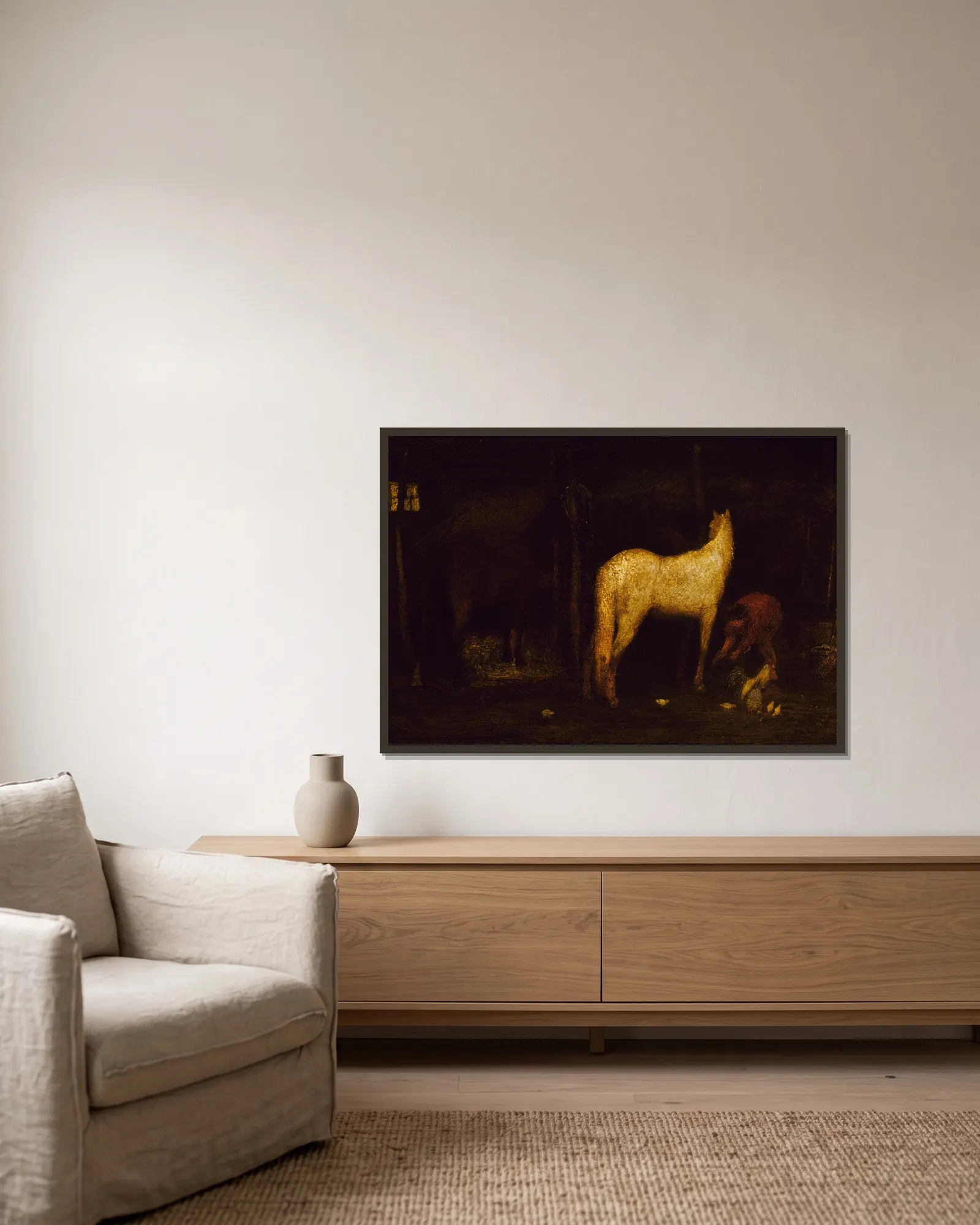 In the Stable av Albert Pinkham Ryder inramad på en vägg