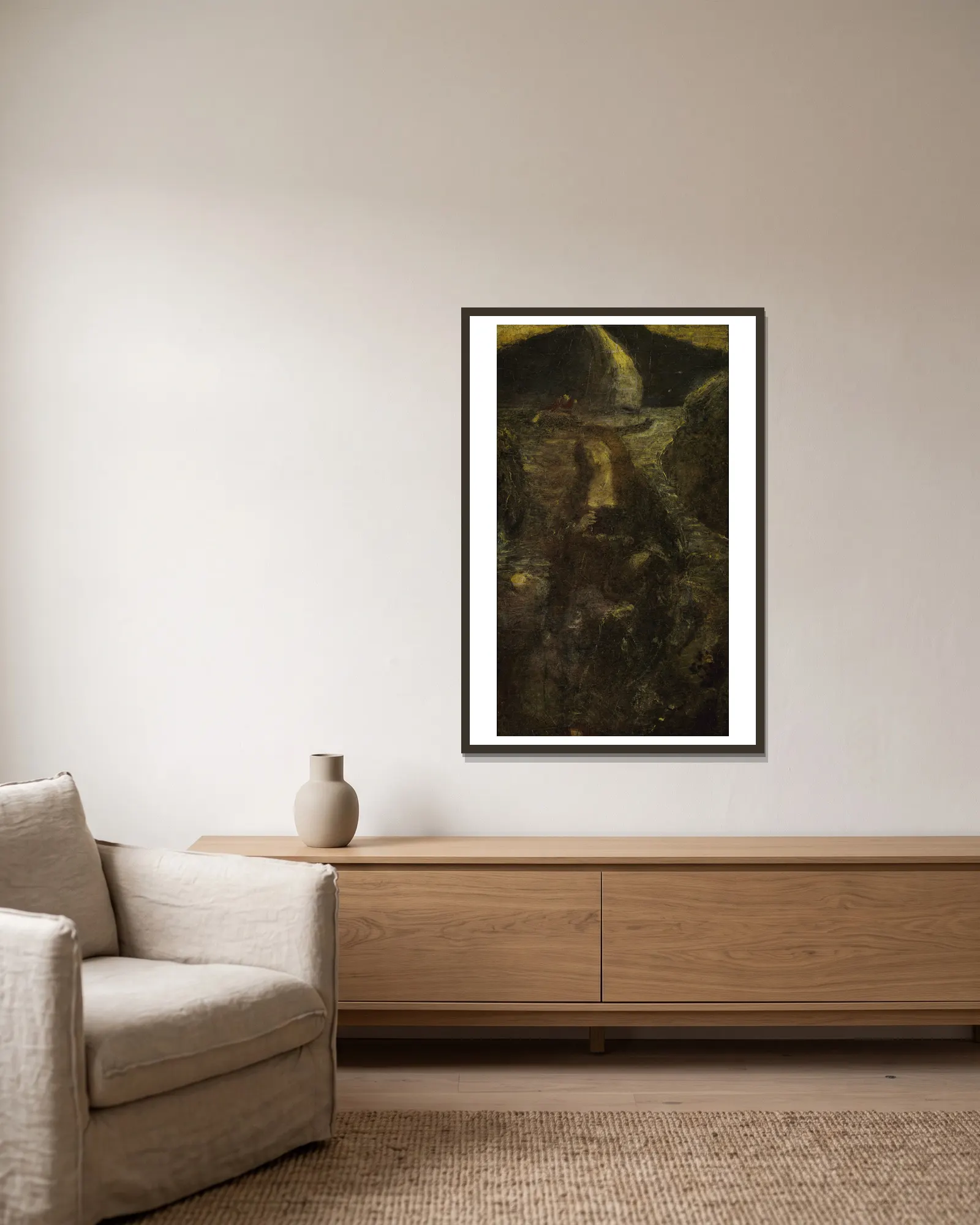 Passing Song av Albert Pinkham Ryder inramad på en vägg