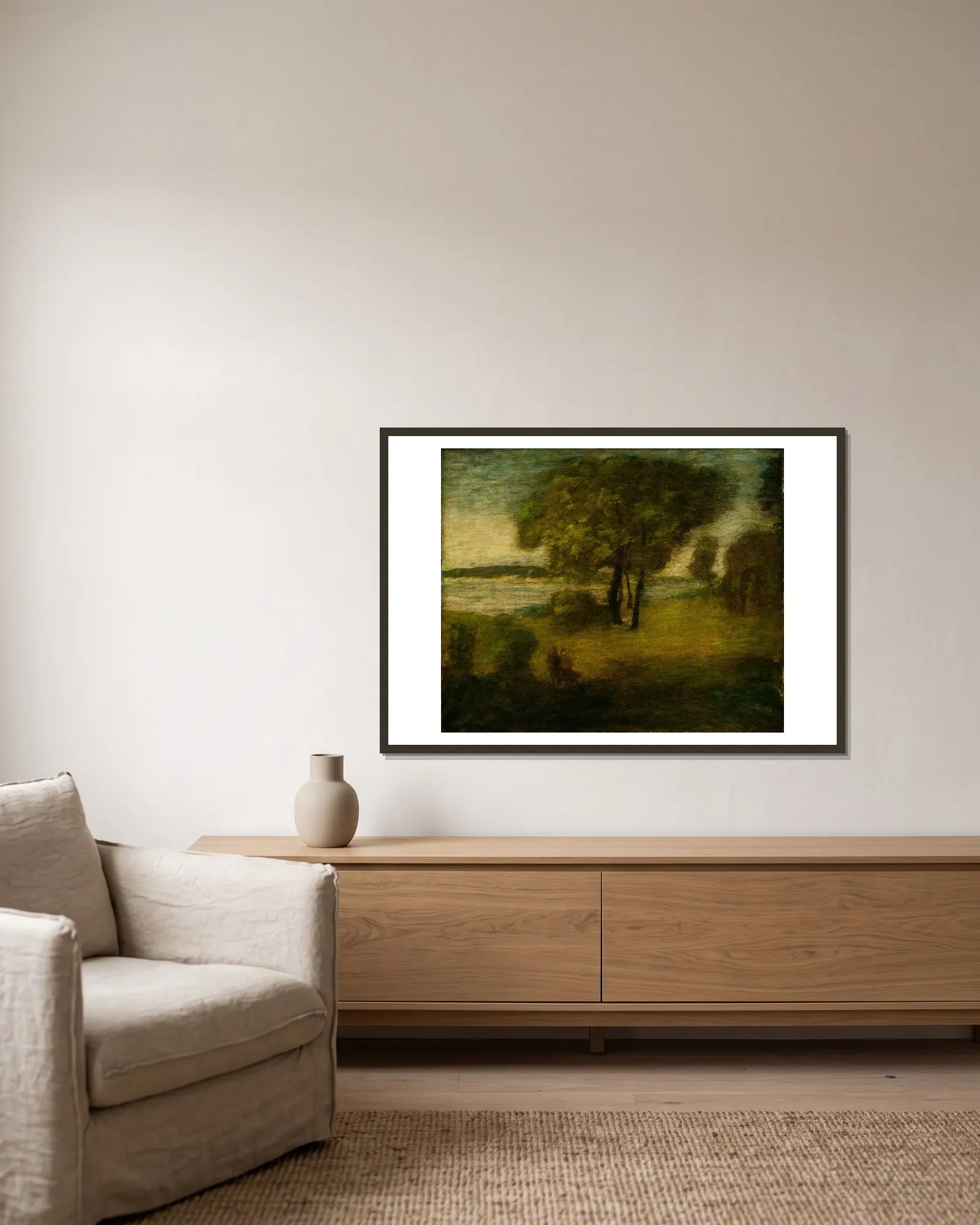 The River av Albert Pinkham Ryder inramad på en vägg