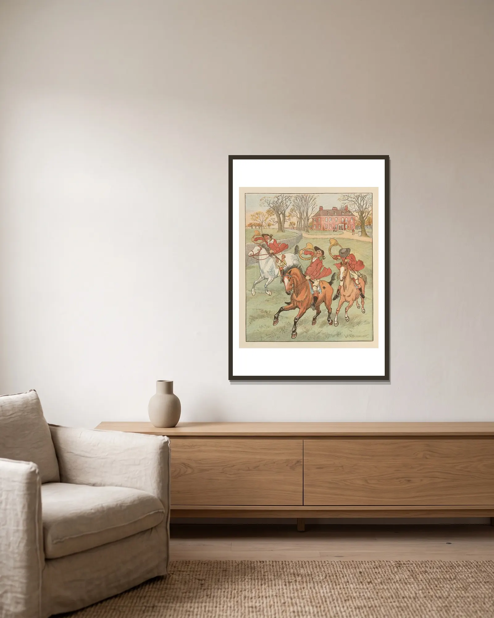 The Three Jovial Huntsmen Pl.2 av Randolph Caldecott inramad på en vägg