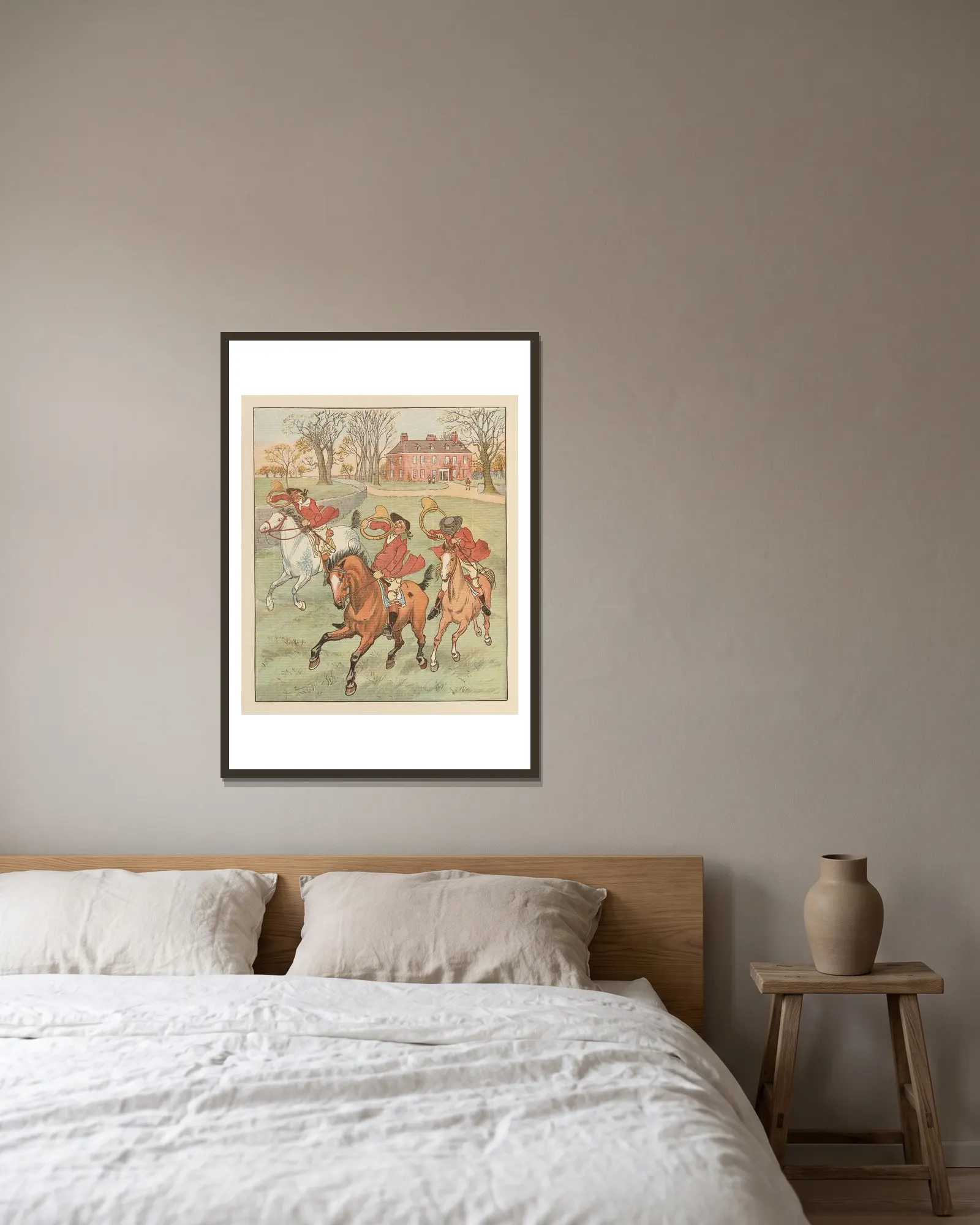 The Three Jovial Huntsmen Pl.2 av Randolph Caldecott inramad på en vägg