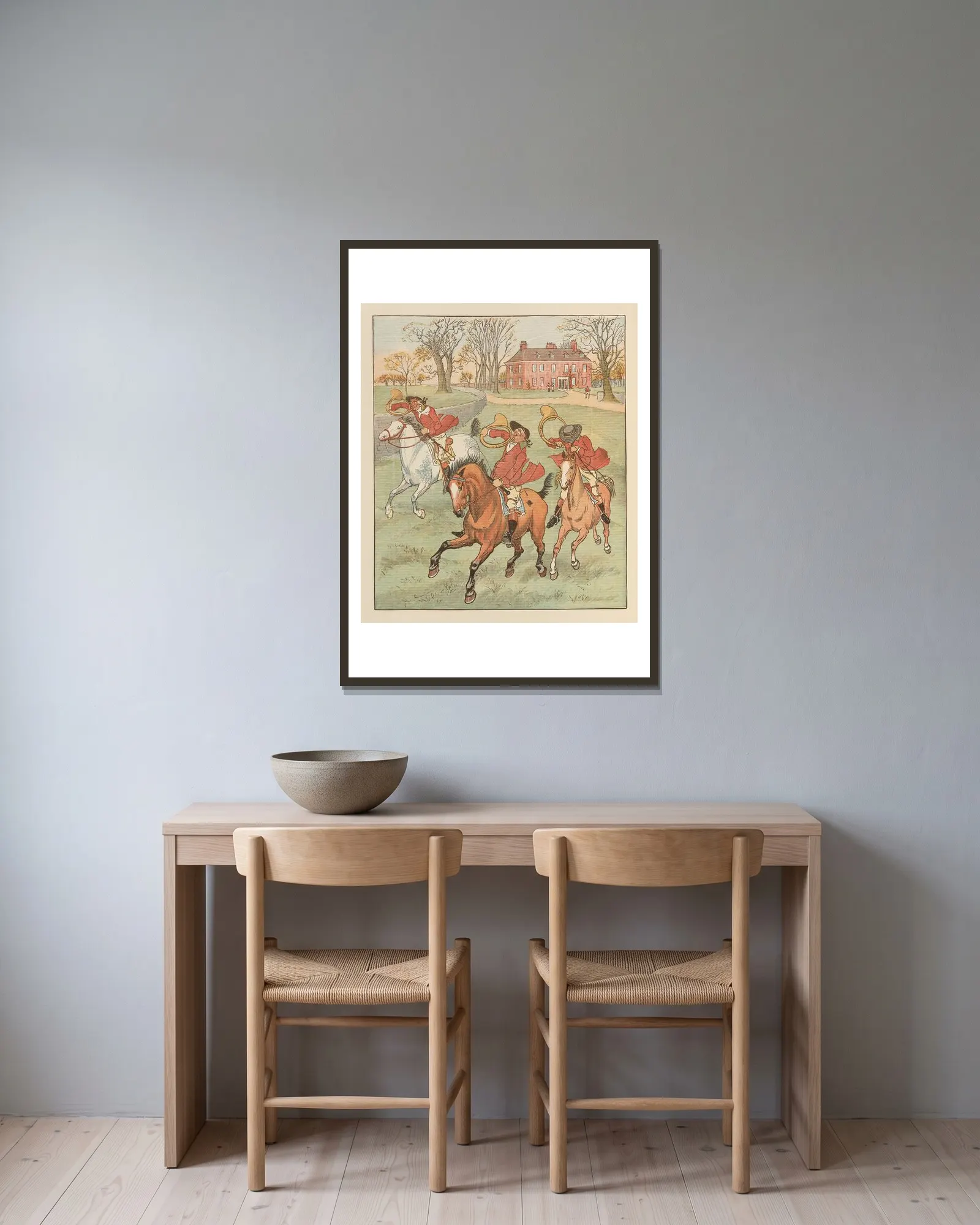 The Three Jovial Huntsmen Pl.2 av Randolph Caldecott inramad på en vägg