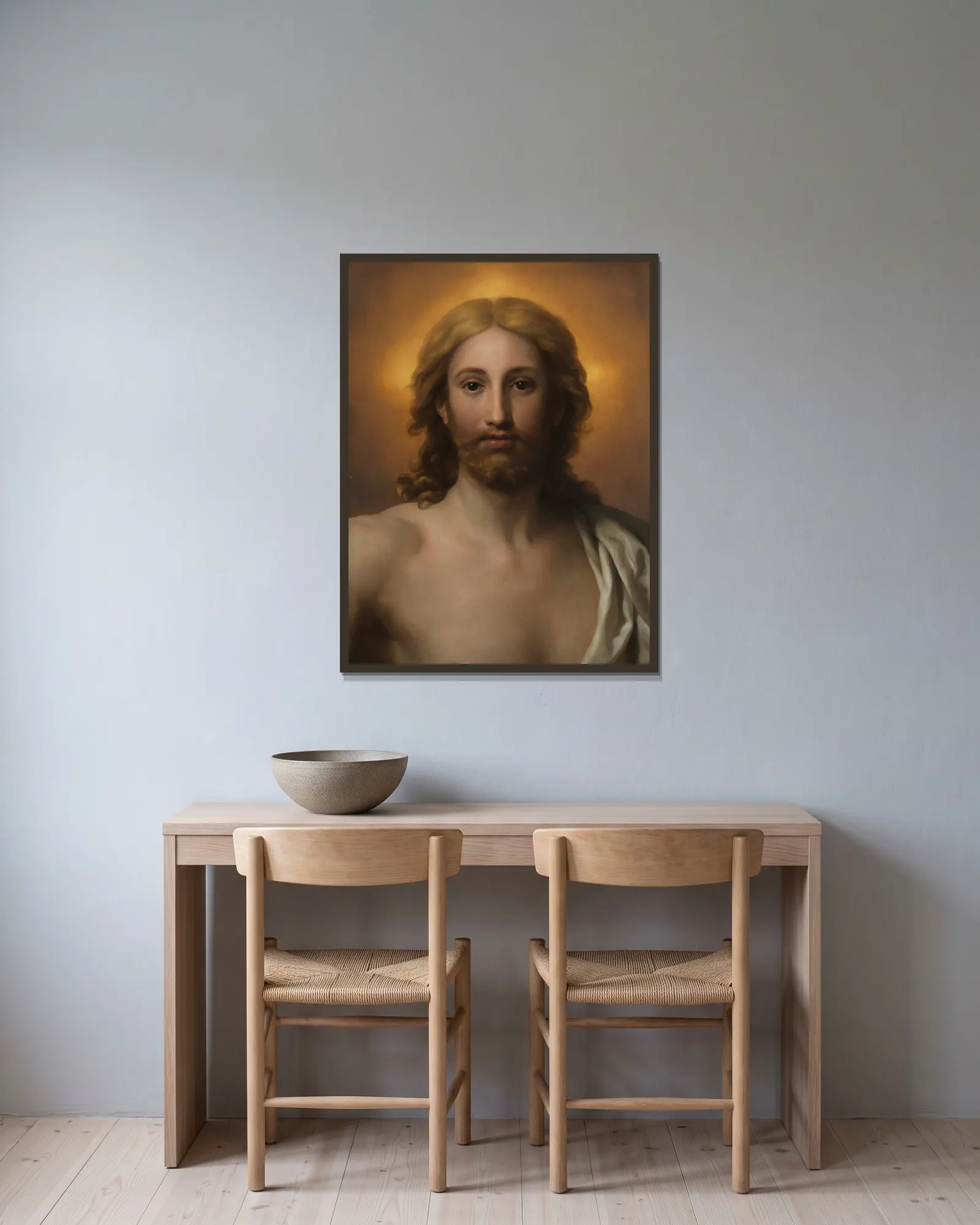 Salvator Mundi av Anton Raphael Mengs inramad på en vägg