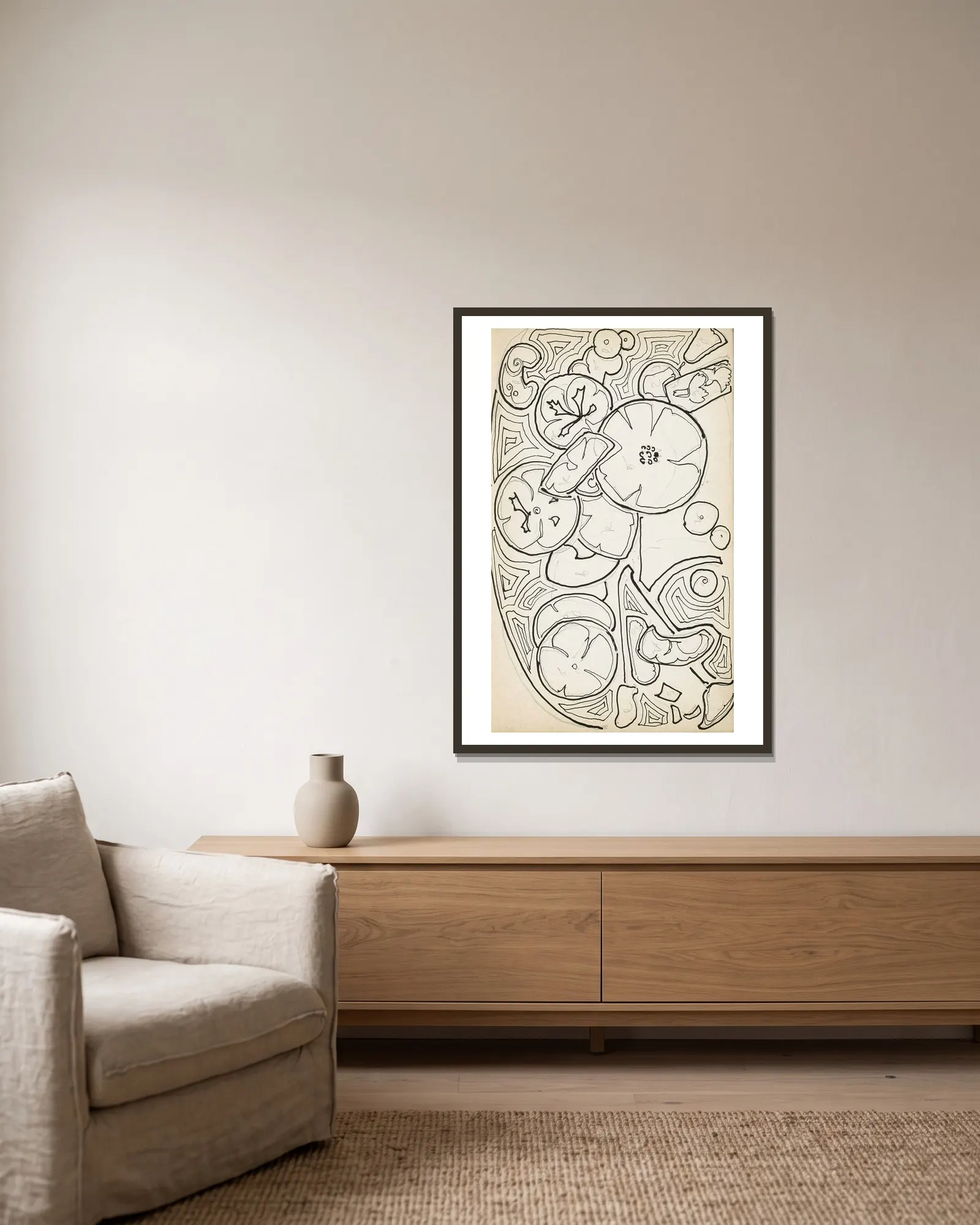 Ornament met bloemen en bladeren av Reijer Stolk inramad på en vägg