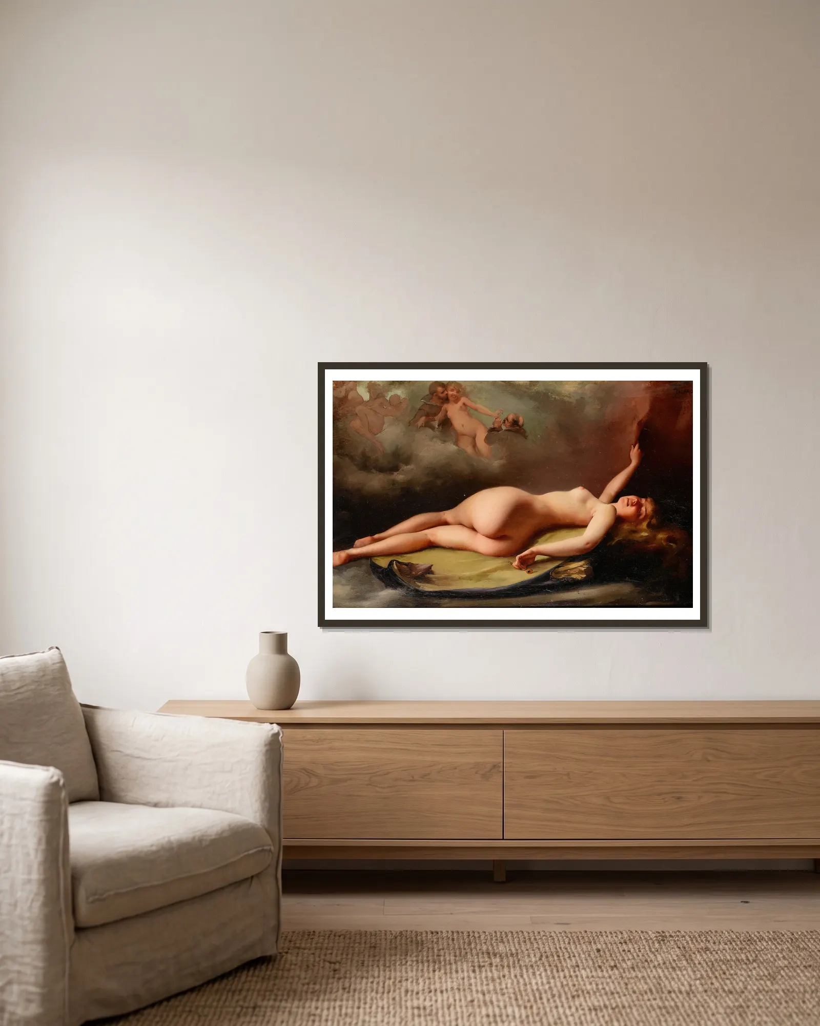 Reclining nude av Luis Ricardo Falero inramad på en vägg