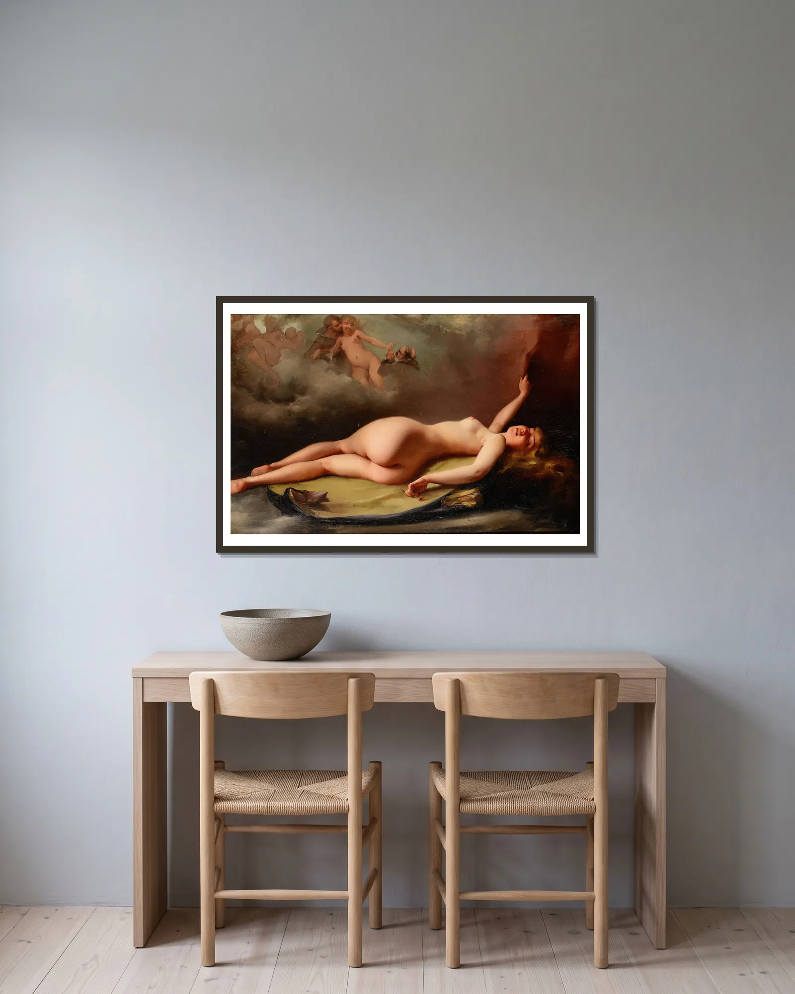 Reclining nude av Luis Ricardo Falero inramad på en vägg