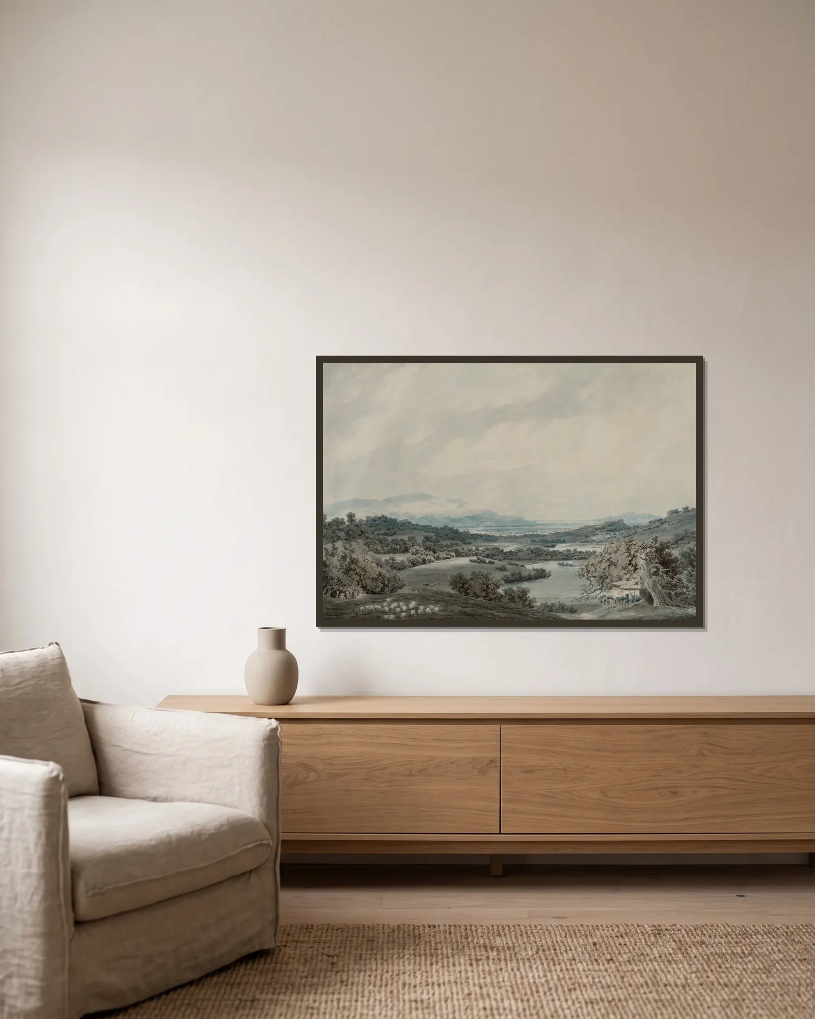 Italian Landscape av John Robert Cozens inramad på en vägg