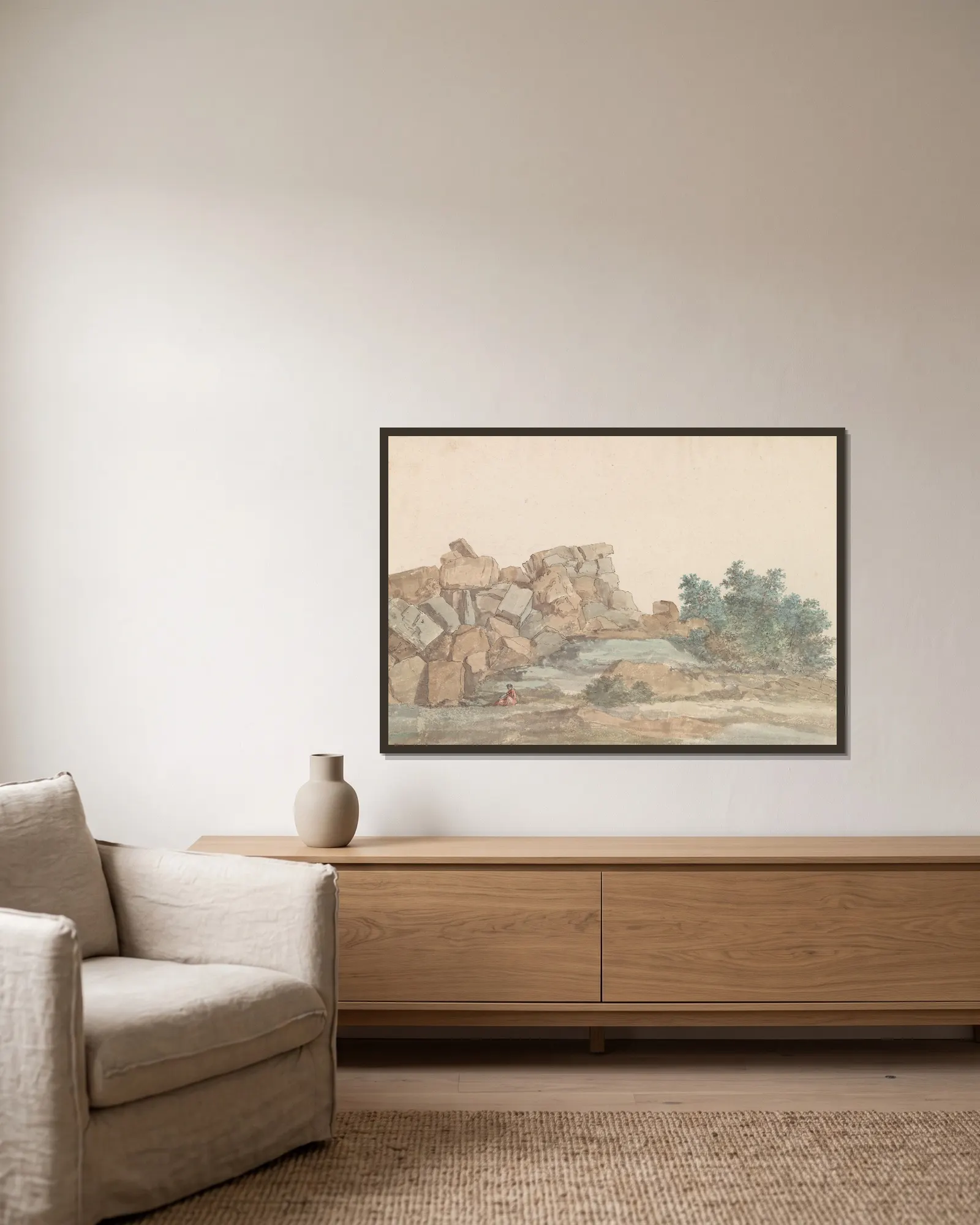 Resten van Zeus Olympus tempel bij Agrigento av Abraham-Louis-Rodolphe Ducros inramad på en vägg
