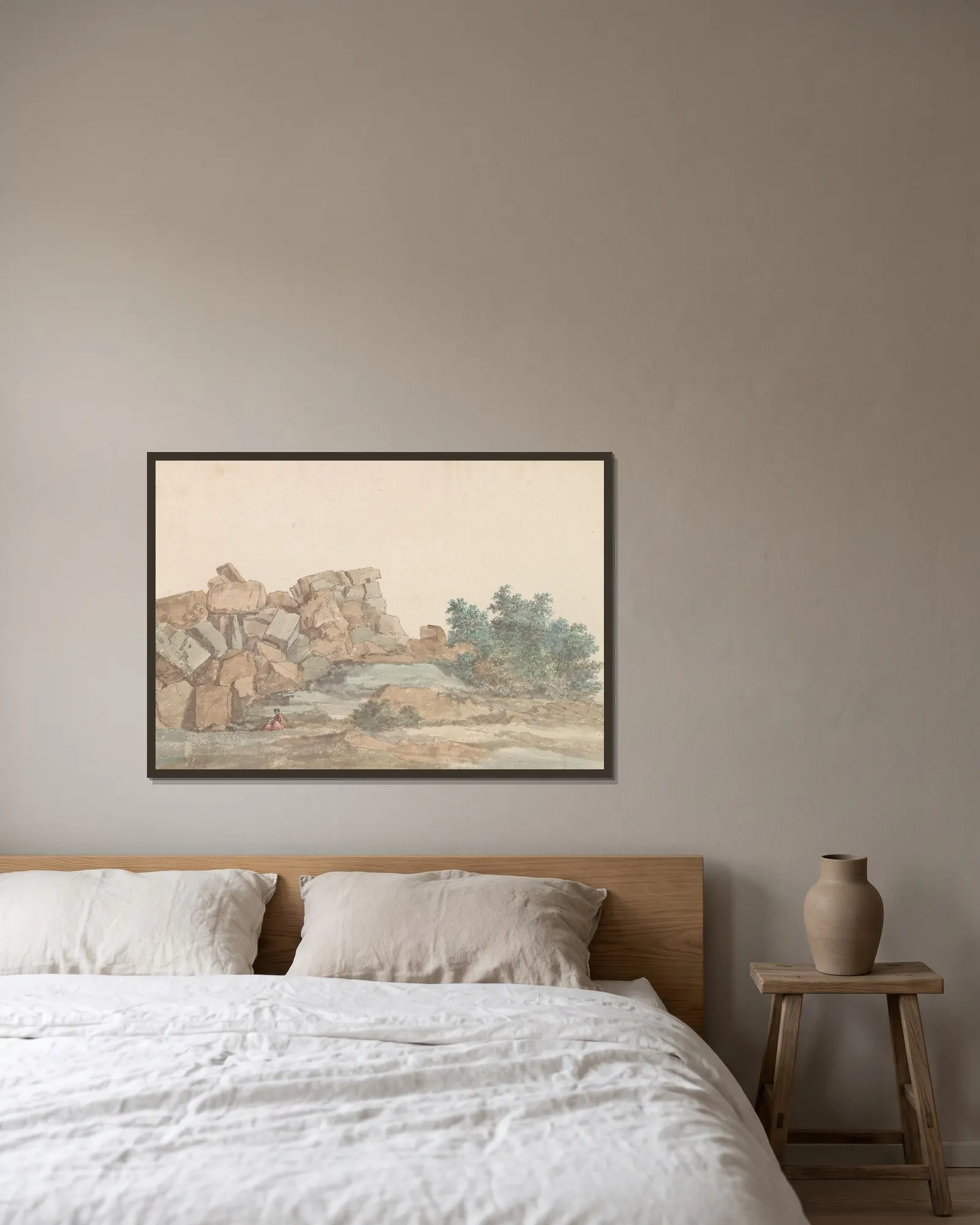 Resten van Zeus Olympus tempel bij Agrigento av Abraham-Louis-Rodolphe Ducros inramad på en vägg