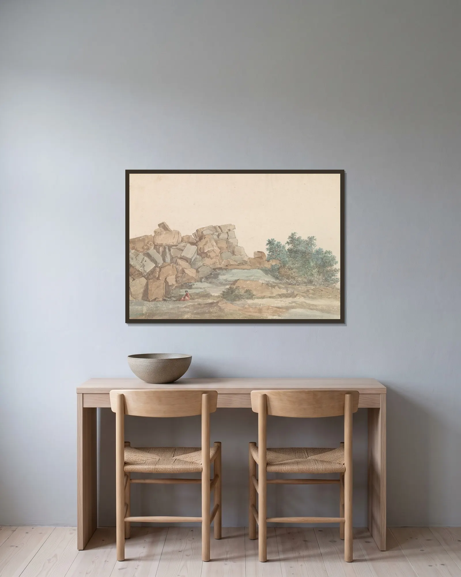 Resten van Zeus Olympus tempel bij Agrigento av Abraham-Louis-Rodolphe Ducros inramad på en vägg