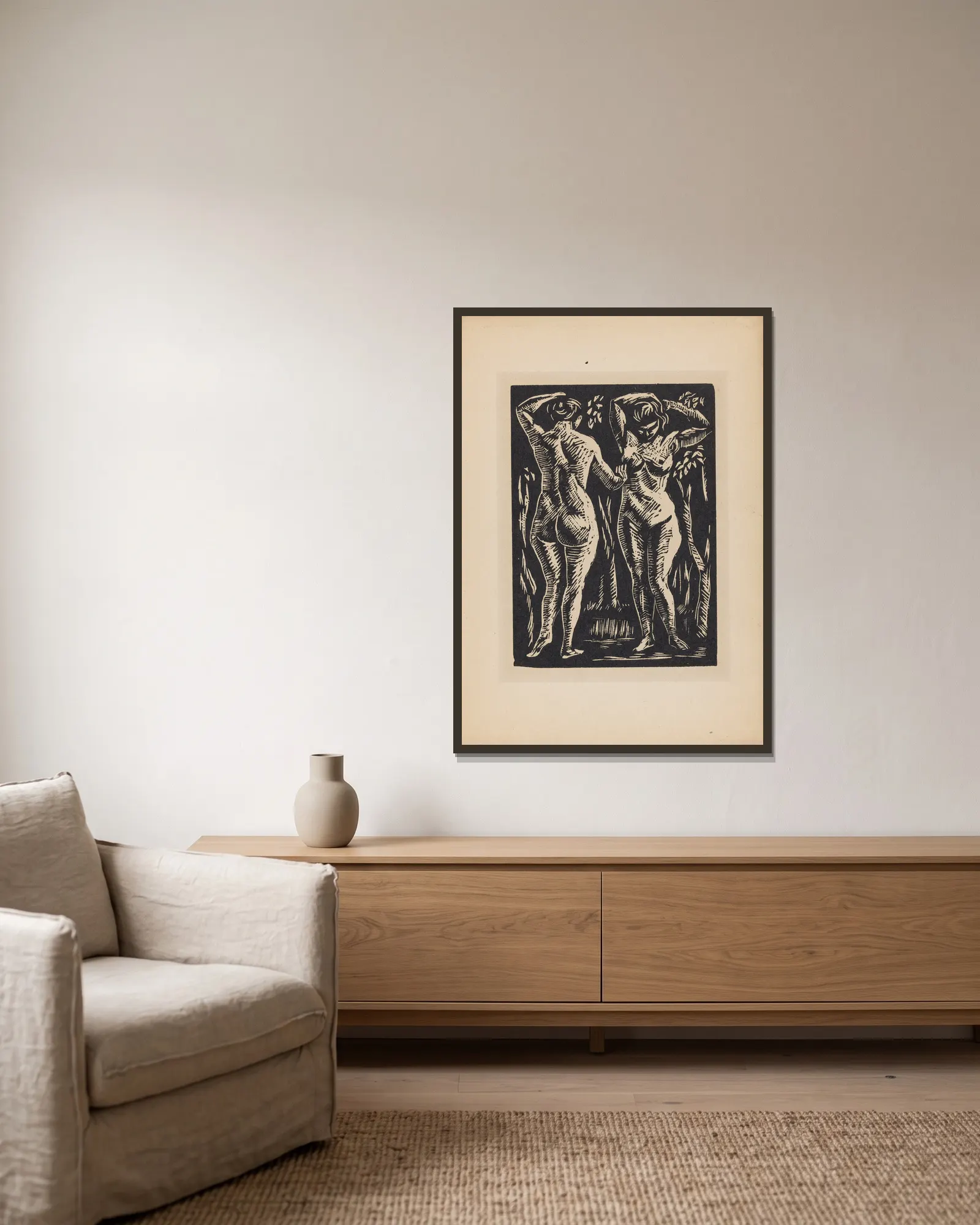 Two Nudes av Roger Fry inramad på en vägg