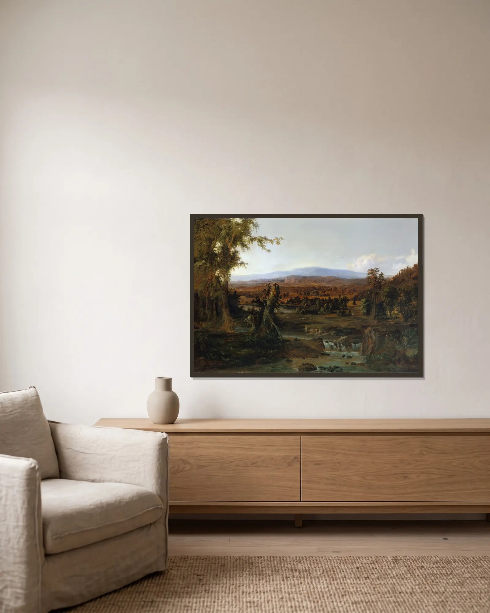 Landscape with Shepherd av Robert S. Duncanson inramad på en vägg