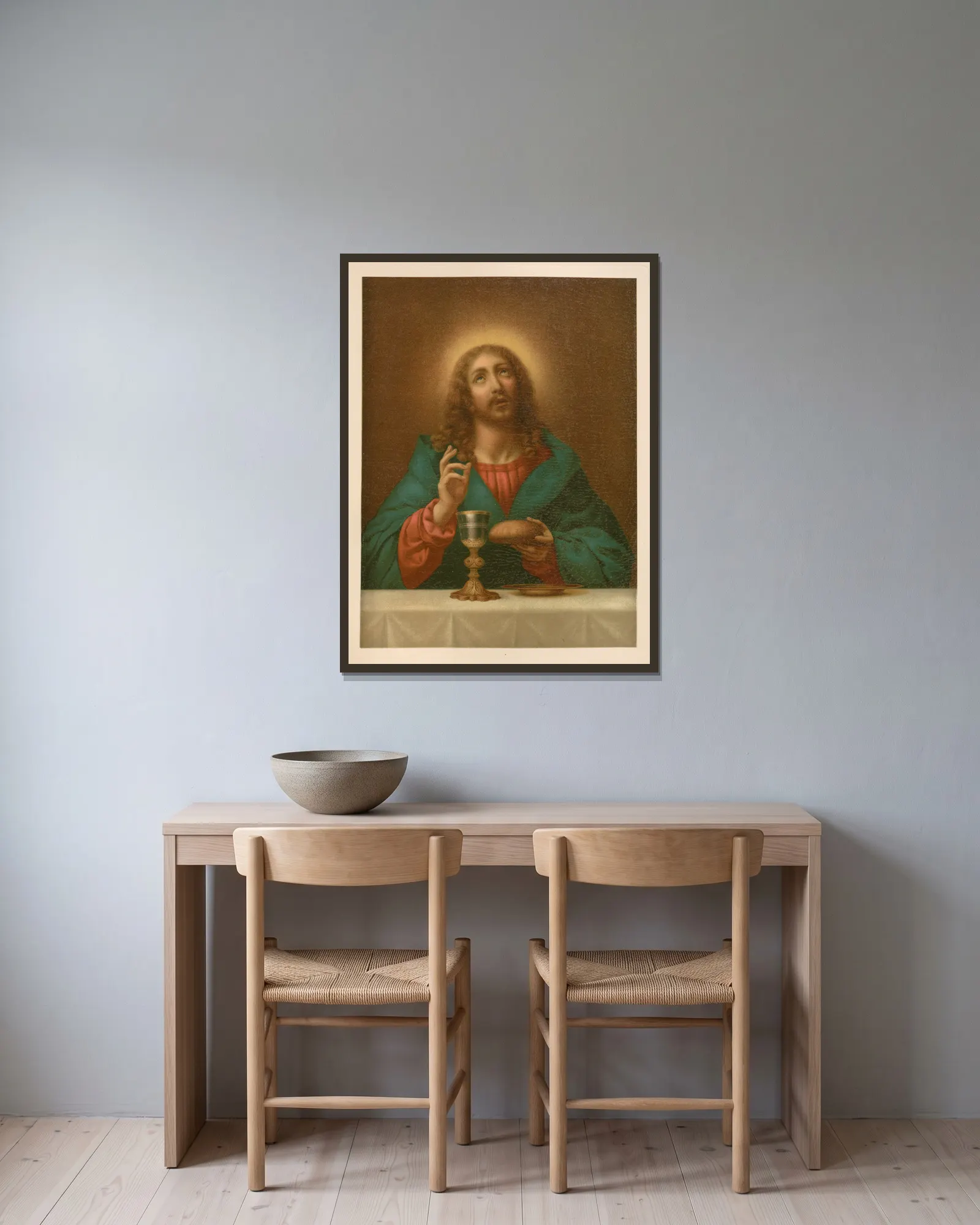 Christ blessing the bread and wine av Jan Ladislaw Sýkora inramad på en vägg