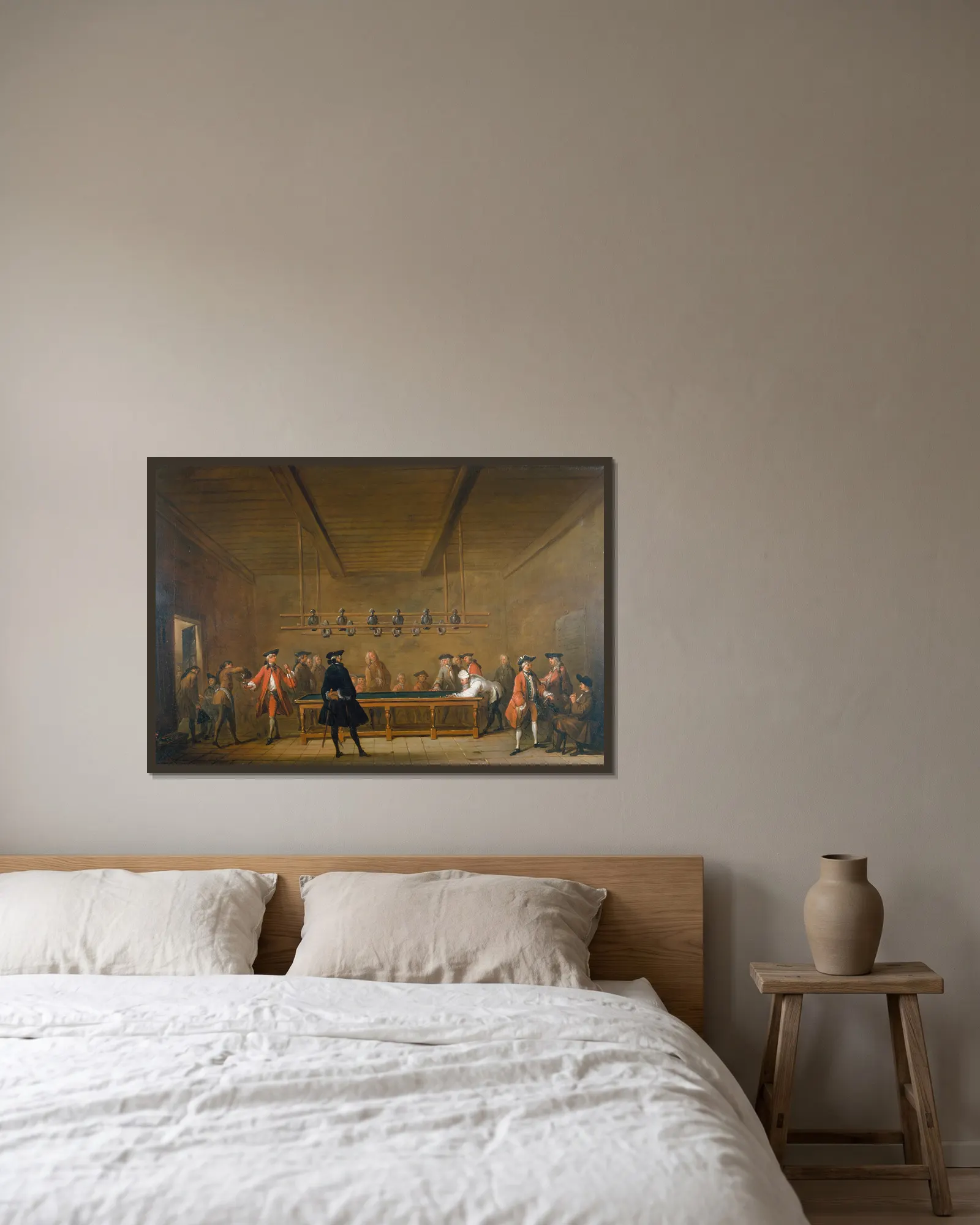 La Partie de billard av Jean Siméon Chardin inramad på en vägg